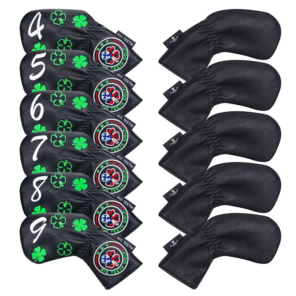 Big Teeth Golf Iron Head Covers Set - 11Pcs Lucky Clover Design Long Neck Protection for Taylormade SIM, Cleveland & More | Perfect for Golf Course Play & Club Storage
