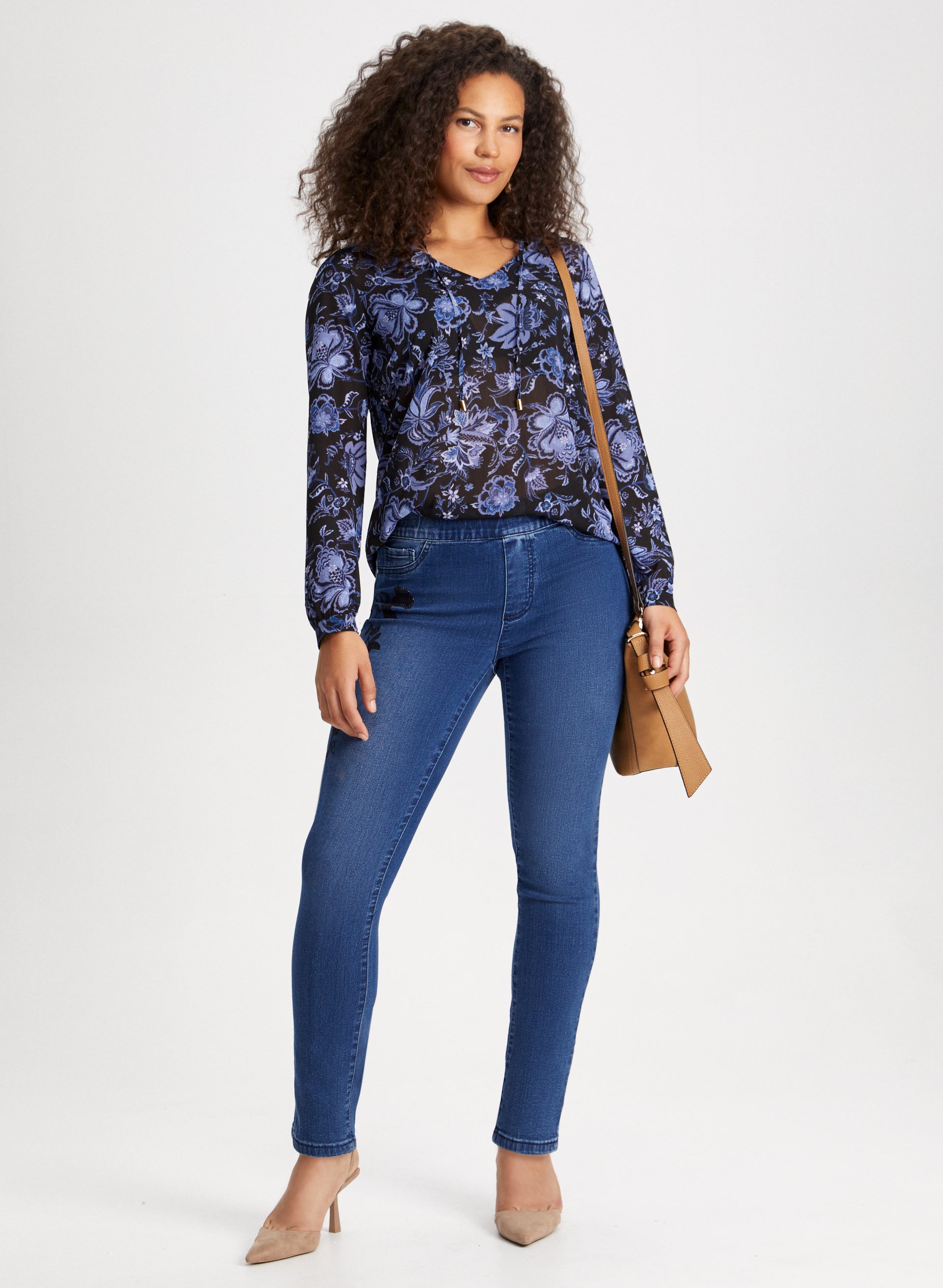 Floral Embroidery Pull On Jeans for Women - Comfortable Stretch Denim Pants with Floral Design - Perfect for Casual Outings, Spring Fashion and Boho Style