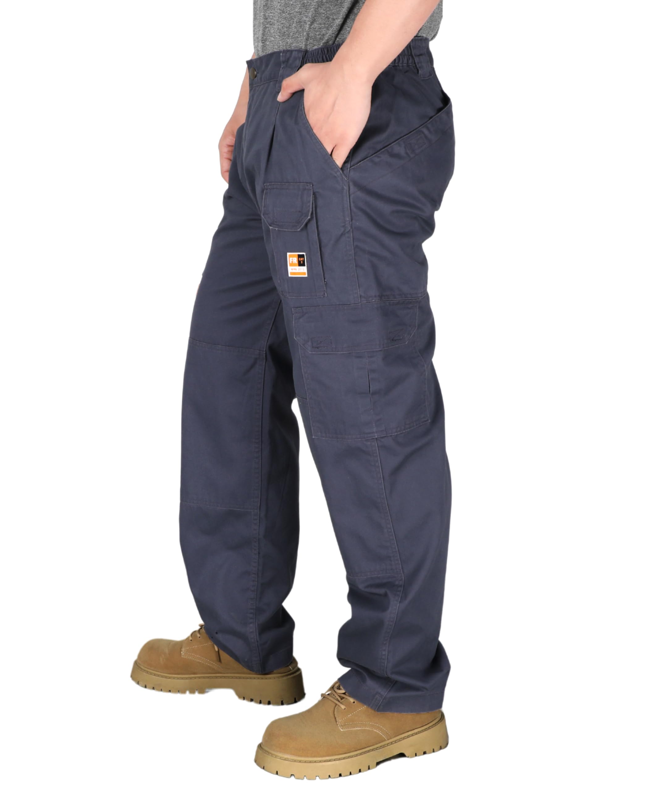 KONRECO FR Men's Cargo Work Pants - Flame Resistant 7.5oz 100% Cotton with Elastic Waist & Utility Pockets | Durable Safety Pants for Construction, Welding & Industrial Work