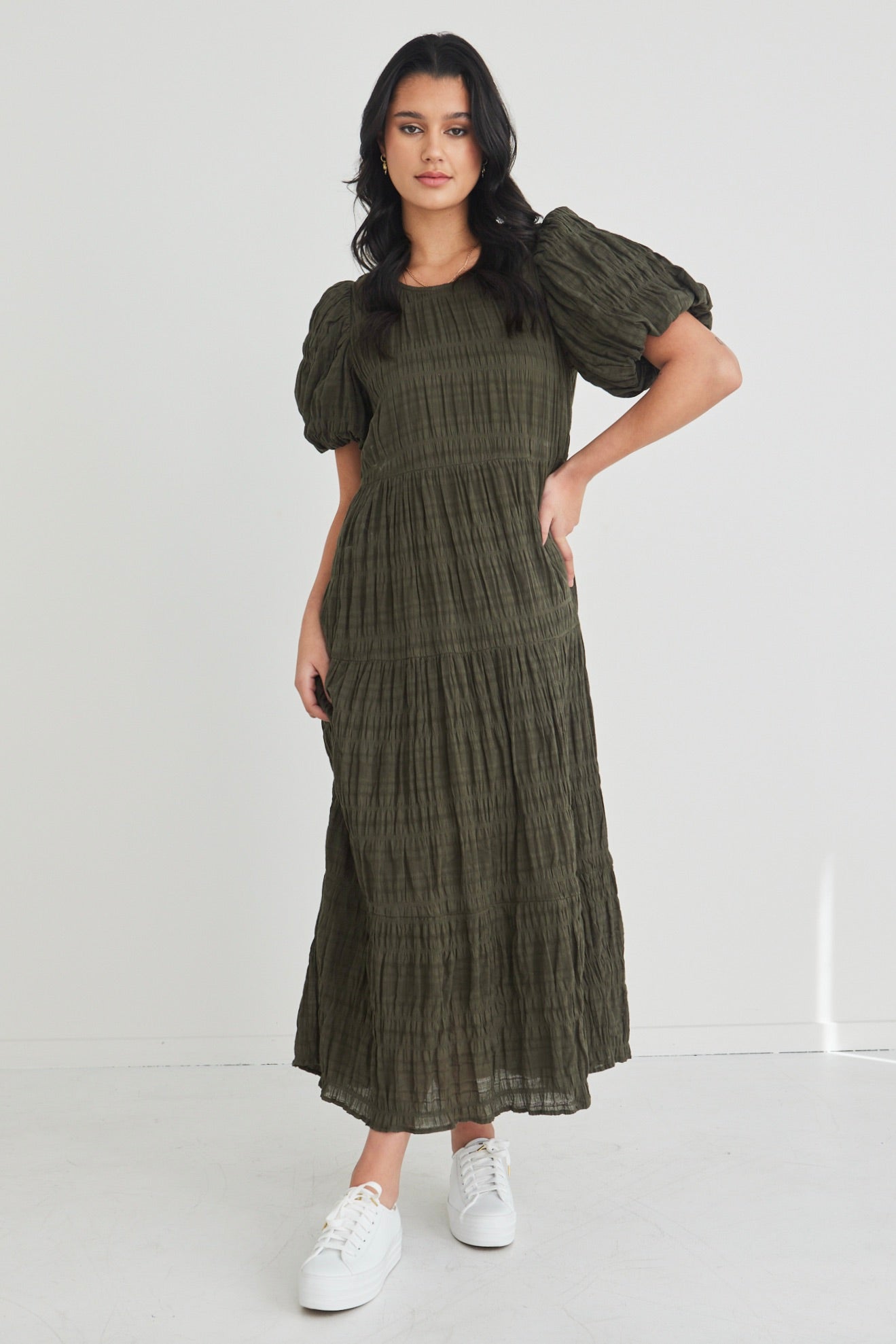 Graceful Khaki Shirred Cotton Bubble Sleeve Tiered Maxi Dress for Women - Summer Beach Wedding Party Vacation Outfit