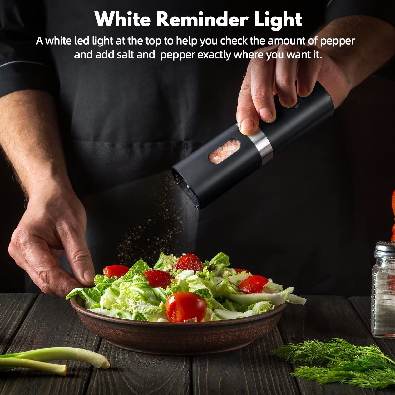 Premium Electric Pepper Grinder & Salt Mill - Battery Operated, Adjustable Coarseness, One-Hand Button Control with LED Light - Refillable Black Peppercorn Grinder (Batteries Not Included) - Perfect for Kitchen, Dining Table & Gourmet Cooking