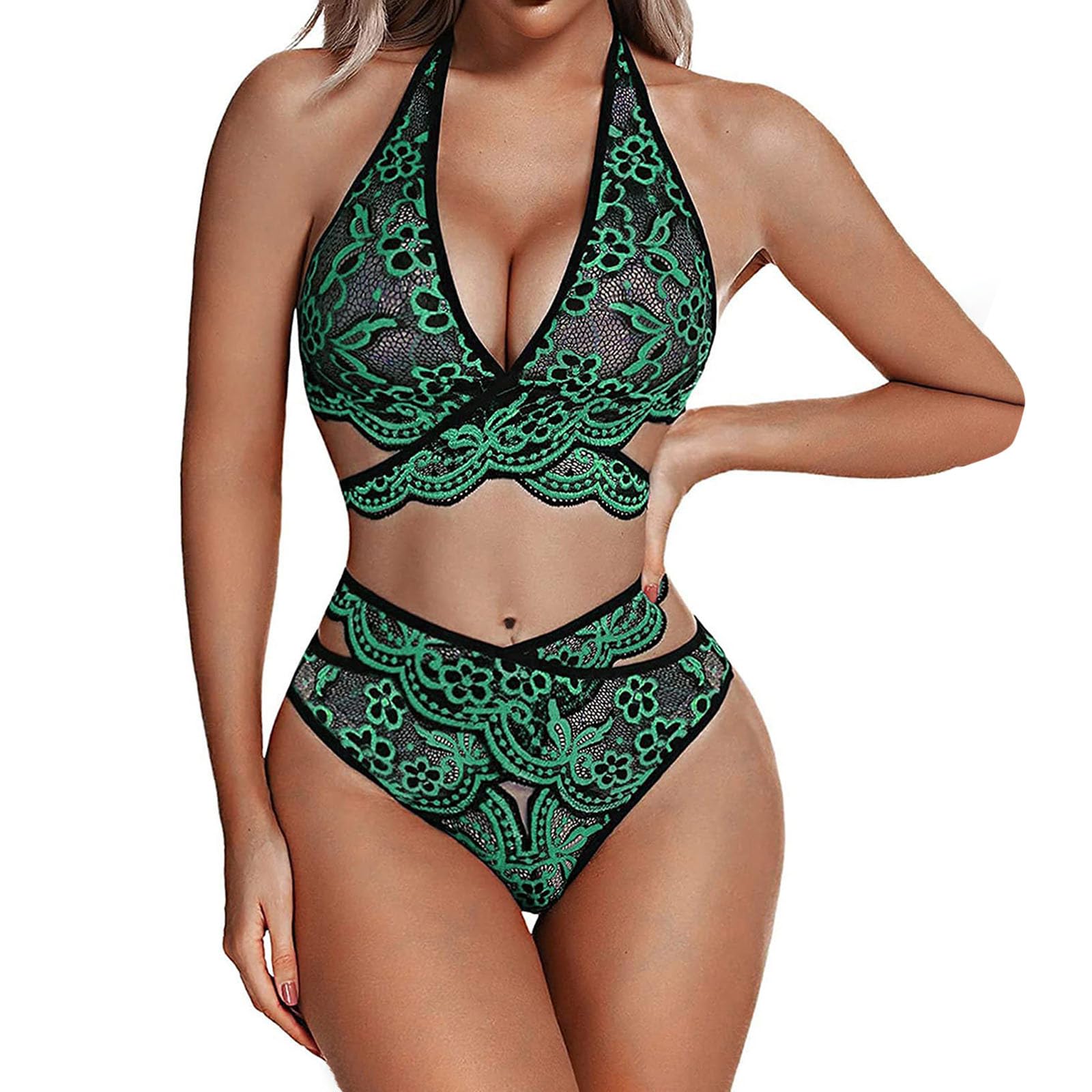 Sexy Lingerie Set for Women - Halter Bra & Panty Set with Exotic Lace Embroidery | Boudoir Sleepwear & Romantic Nights | Perfect for Valentine's Day, Honeymoon & Special Occasions
