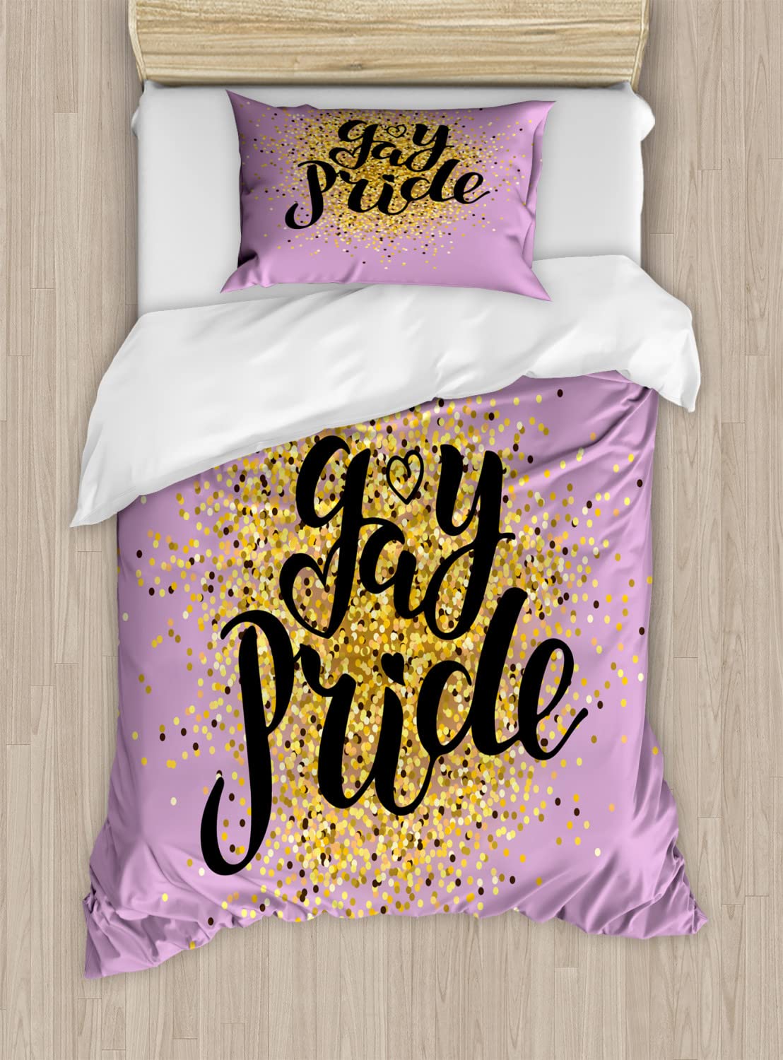 Ambesonne Pride Duvet Cover Set - Golden Yellow Dots on Lilac with Gay Pride Lettering, 2-Piece Twin Size Bedding Set (2 Duvet Covers & 2 Pillowcases) - LGBTQ+ Themed Home Decor for Bedroom & Dorm Room