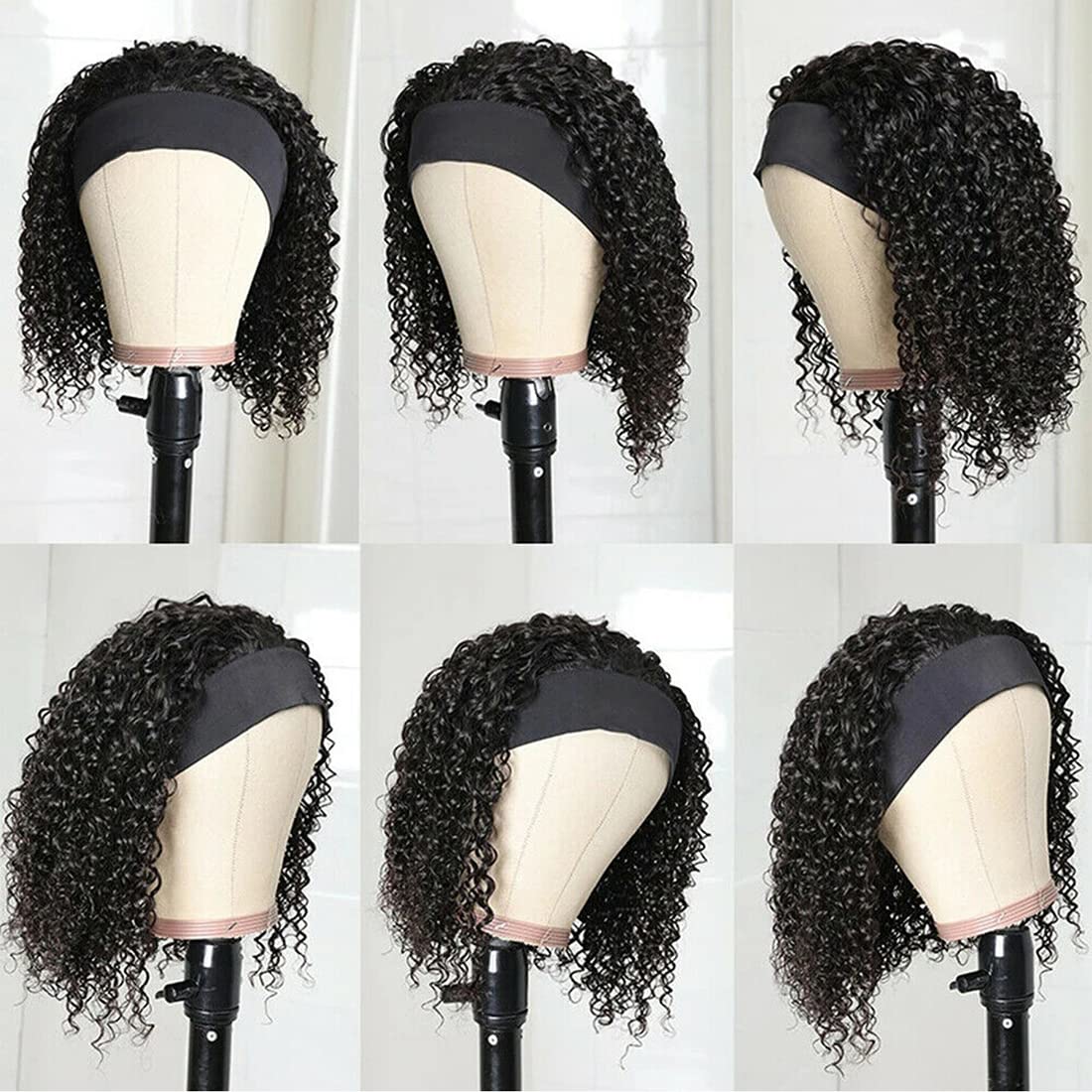 Deep Wave Headband Wig 12 Inch Human Hair - Glueless No Lace Front Brazilian Virgin Hair Wig for Black Women (150% Density, Natural Black) - Perfect for Daily Wear, Parties & Protective Styling