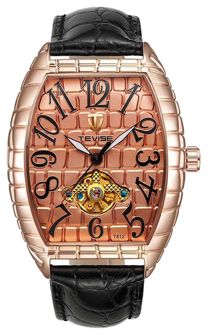 Luxury Men's Automatic Mechanical Watch - Rose Gold Rectangle Dial with Black Leather Strap - Stylish Casual Dress Watch for Business, Office & Everyday Wear