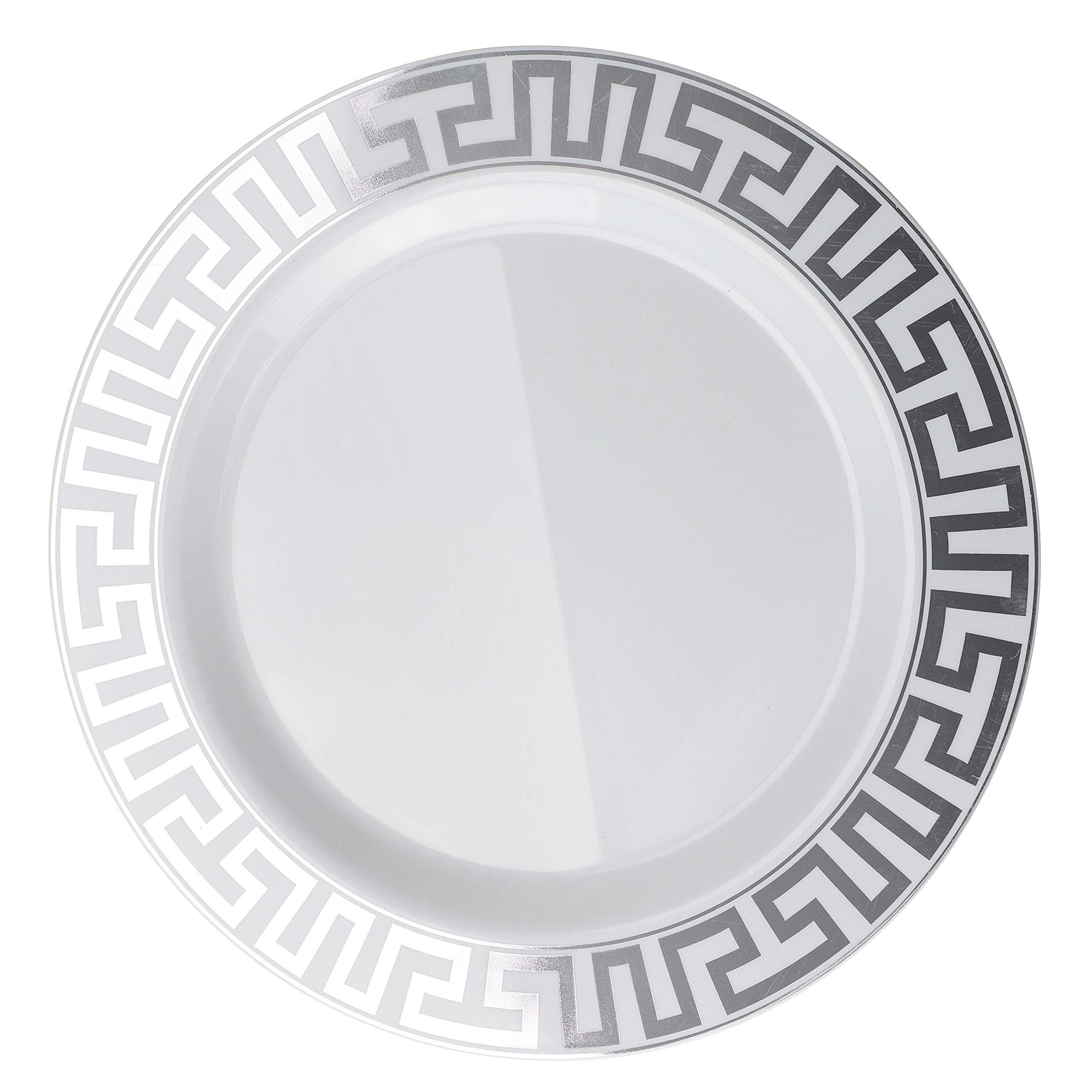 240 Pack Heavyweight Disposable Plastic Plates - 10.5'' Elegant White & Silver Wedding Dinner Plates for Parties, Events & Special Occasions | Durable Milano Design for Catering, Banquets & Family Gatherings