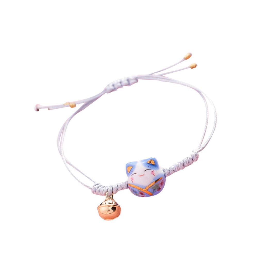Holibanna Hand-Woven Ceramic Cat Bracelet - Lucky Braided Tassel Bangle Jewelry for Women & Girls (Blue) | Boho Chic Accessory for Casual Wear, Gift Giving & Spiritual Protection