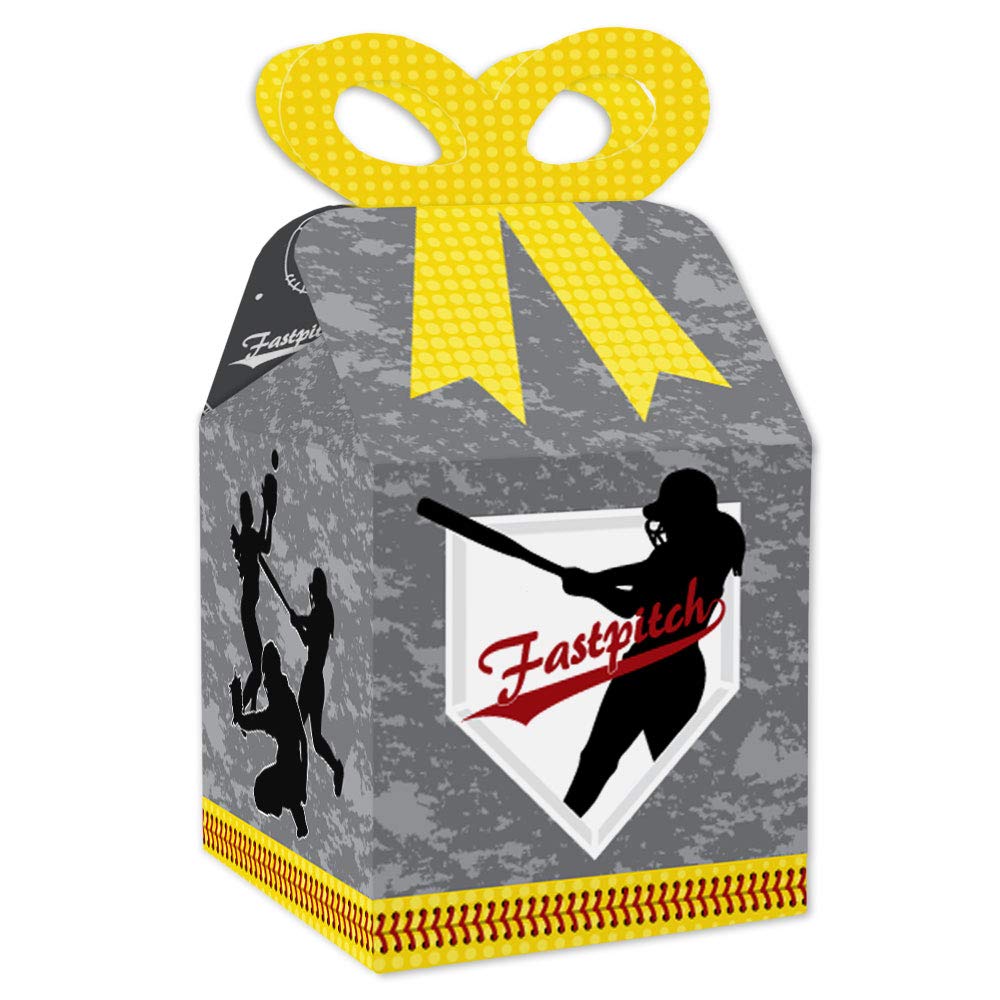 Big Dot of Happiness Grand Slam Fastpitch Softball Square Favor Gift Boxes - Set of 12 for Birthday Parties, Baby Showers & Sports Themed Events - Perfect for Party Favors, Gift Wrapping & Decorative Storage