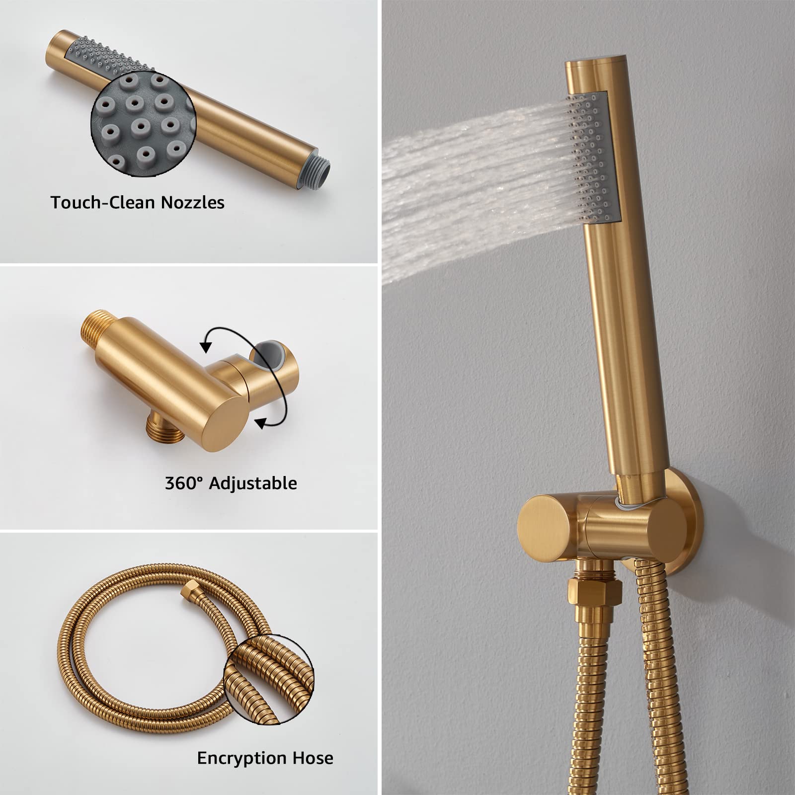 Premium Brushed Gold Wall Mounted Shower System - 10 Inch Rainfall Shower Head with Handheld Sprayer, Pressure Balance Valve & Complete Trim Kit | Perfect for Modern Bathroom Renovation & Spa-Like Shower Experience