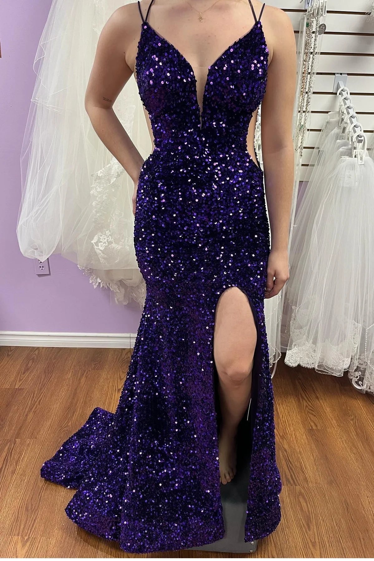 Elegant Long Purple Sequin Evening Gown for Women - UK Size Mermaid Dress with Straps & Lace Up Back - Perfect for Prom, Gala & Formal Events