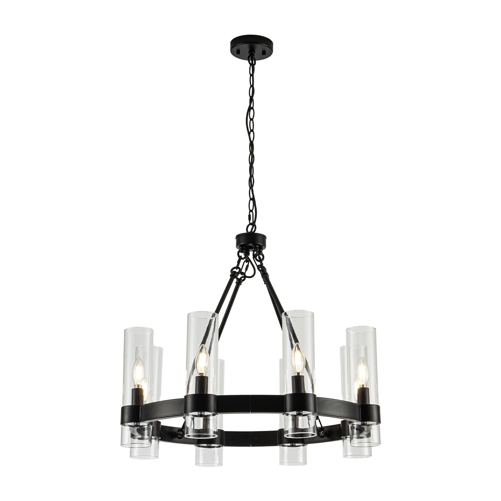 MAYNA 26 Inch Black Wagon Wheel Chandelier with Glass Shade - 8 Light Modern Farmhouse Ceiling Light Fixture for Dining Room, Kitchen, Entryway - Perfect for Rustic Home Decor & Country Style Interiors