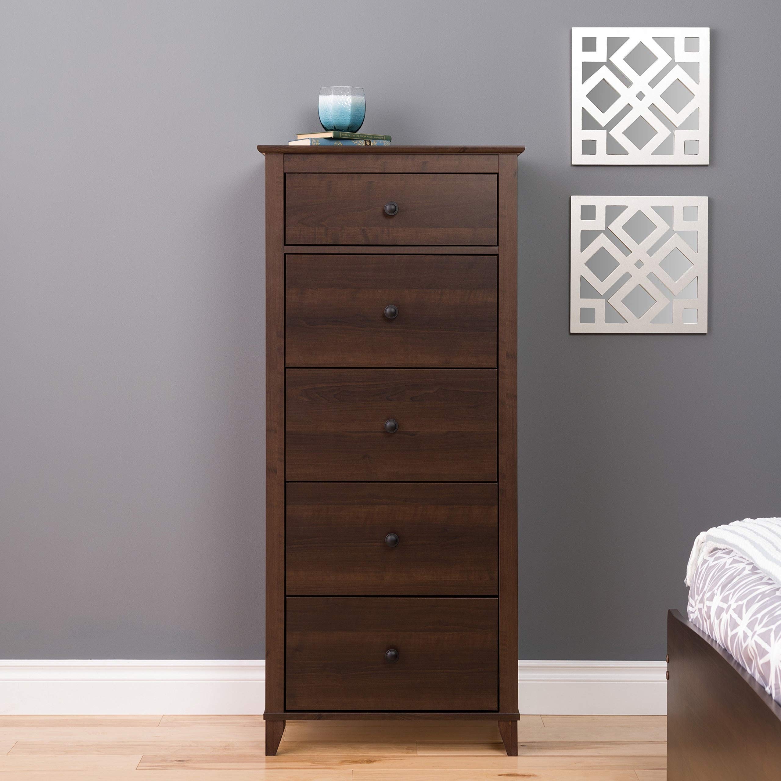 5-Drawer Dresser - Dark Brown Transitional Wood Espresso Finish with Hardware | Bedroom Furniture for Storage & Organization