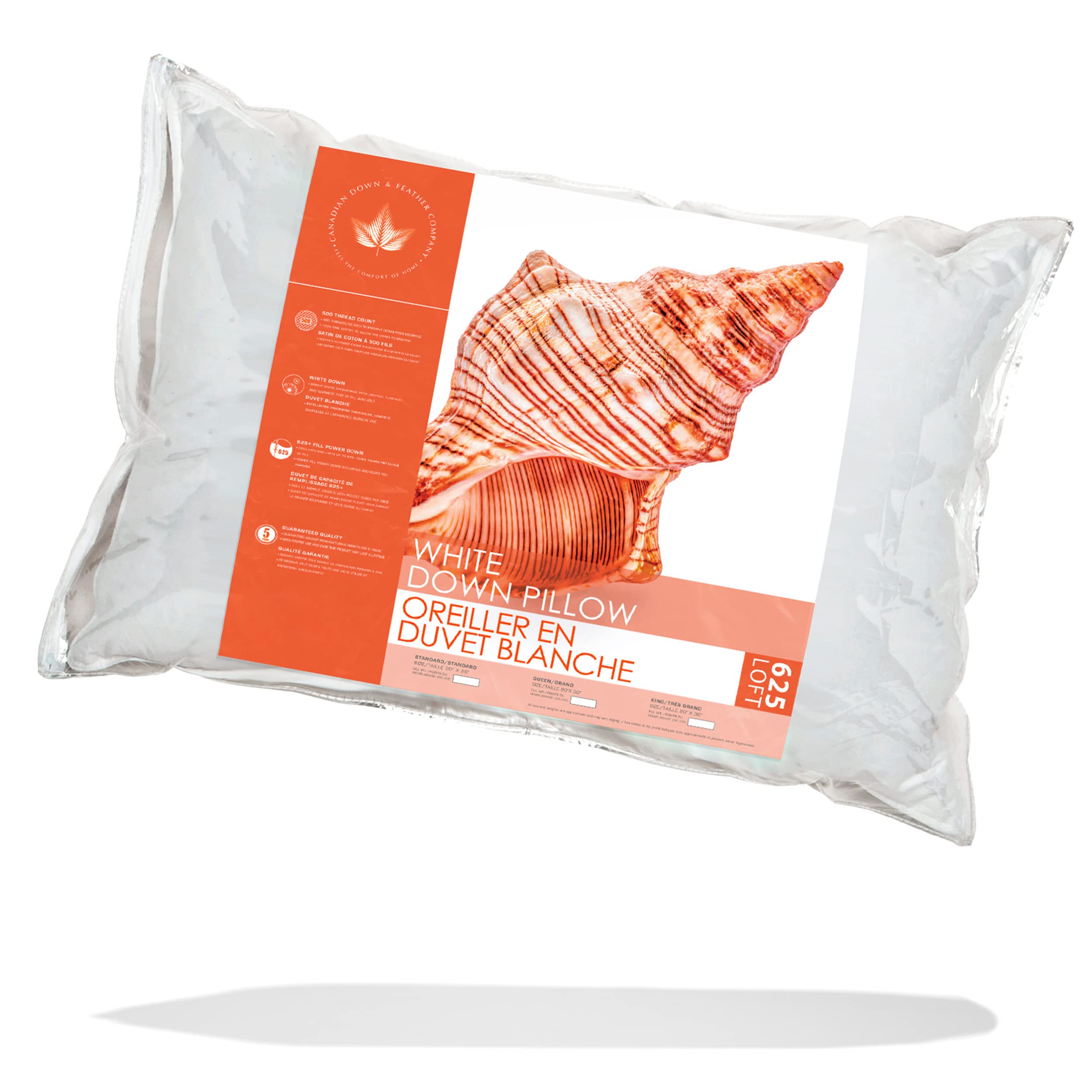Premium Canadian White Down Sleeping Pillow - 625 Fill Power King Size with 500 Thread Count 100% Cotton Shell - Hypoallergenic Luxury Bedding for Hotels, Home & Travel - Made in Canada