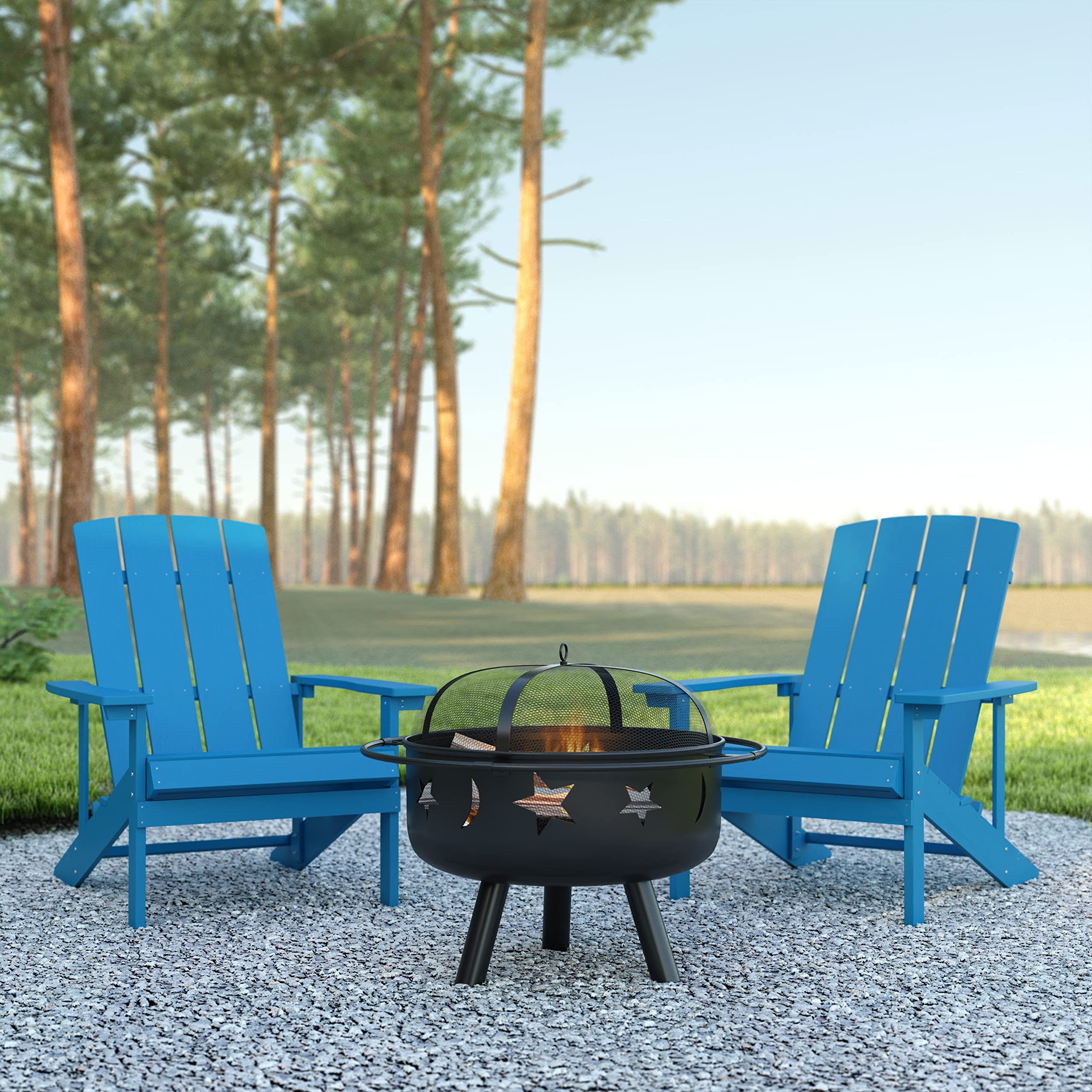 EMMA + OLIVER Campfire Set - 2 Blue Poly Resin Adirondack Chairs & 29
