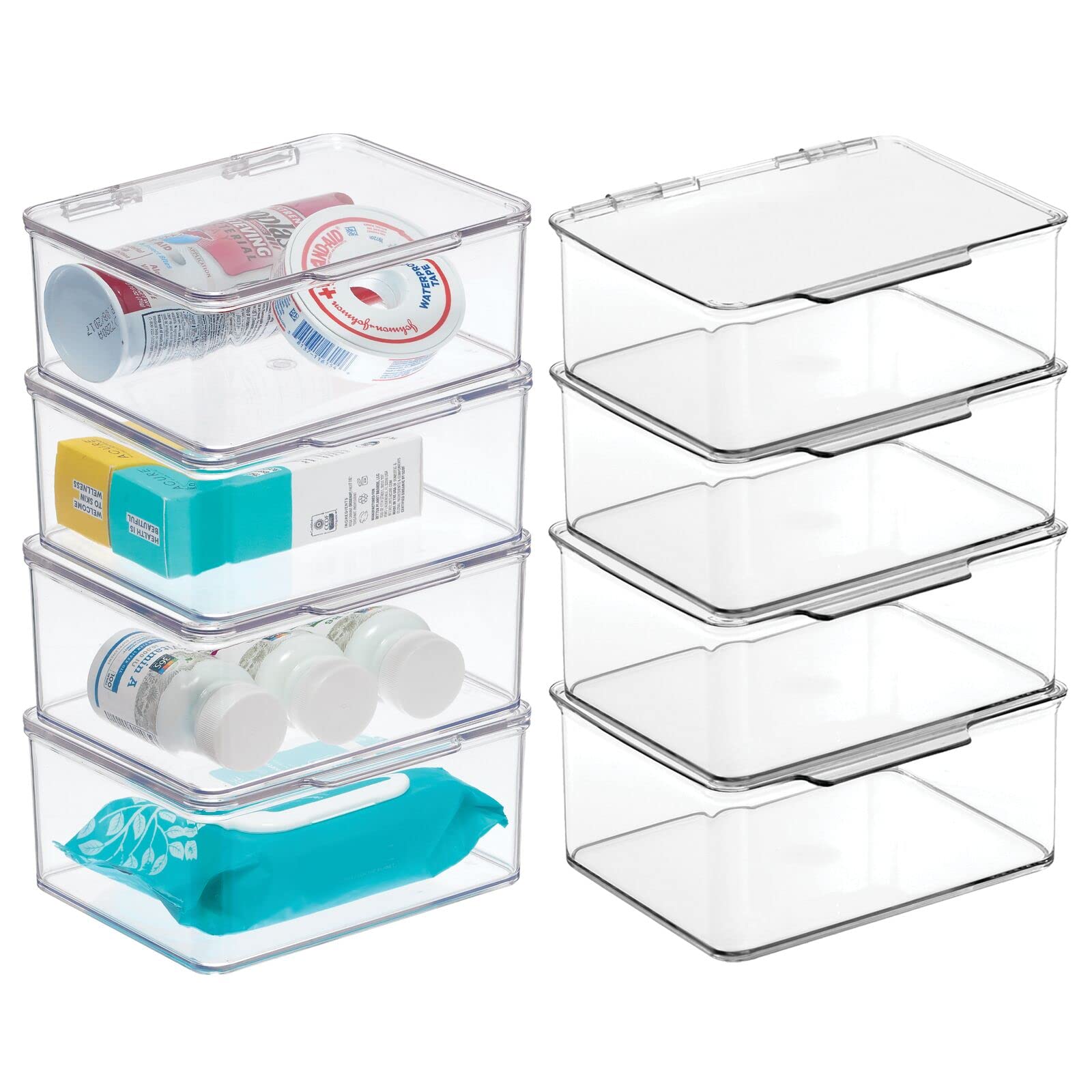 mDesign Clear Plastic Stackable Storage Organizer Box with Hinged Lid - 8 Pack for Bathroom, Closet, Shelf & Vanity | Holds Medicine, Soap, Lotion, Cotton Swabs, Masks & Hair Tools | Perfect for Small Space Organization & Travel Essentials Storage