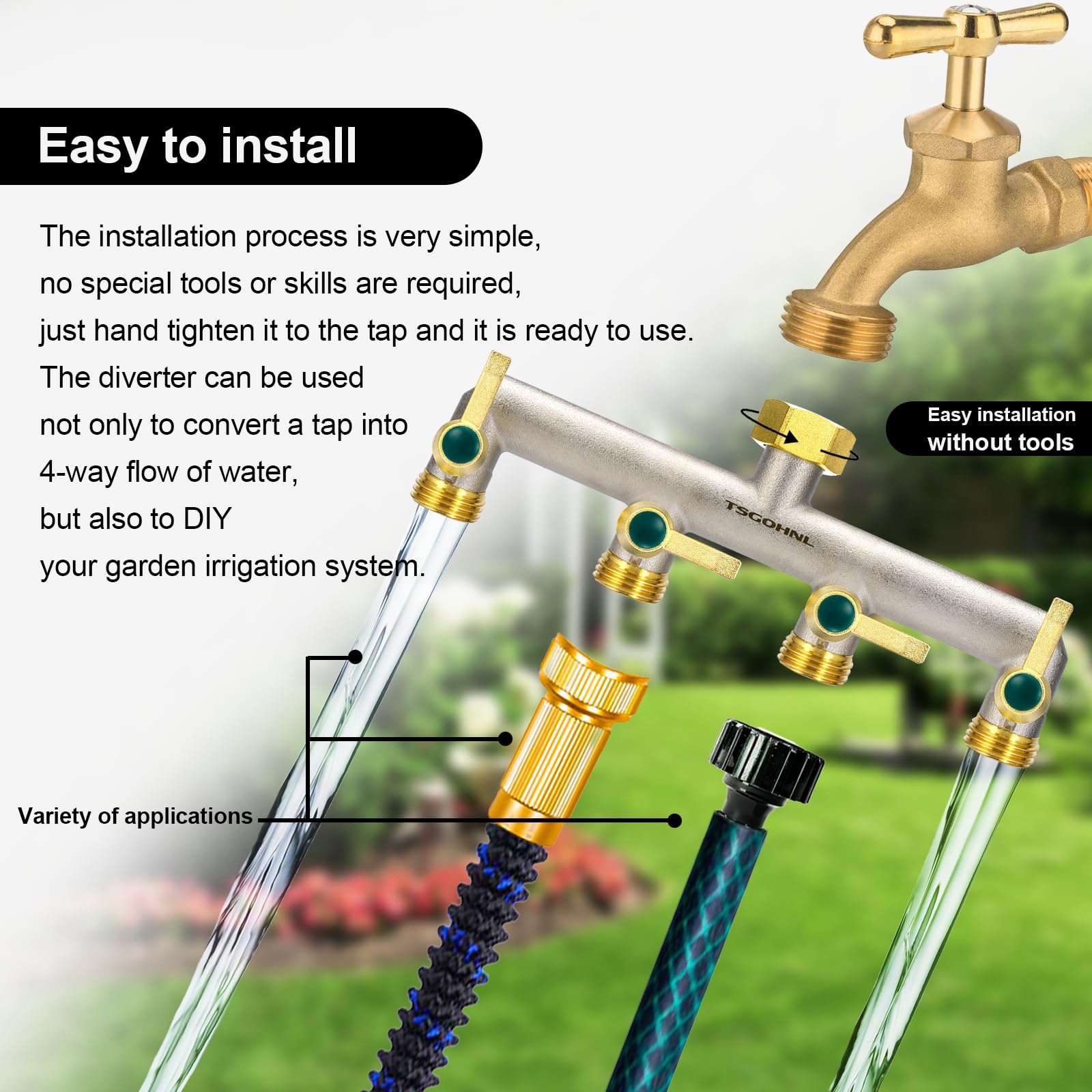 4-Way Brass Garden Faucet Splitter with 4 Extended Metal Handles - Heavy Duty Nickel Plated Outdoor Hose Divider - 3/4-Inch GHT Hex Female Inlet & Male Outlet - Perfect for Lawn Watering, Garden Irrigation & Car Washing