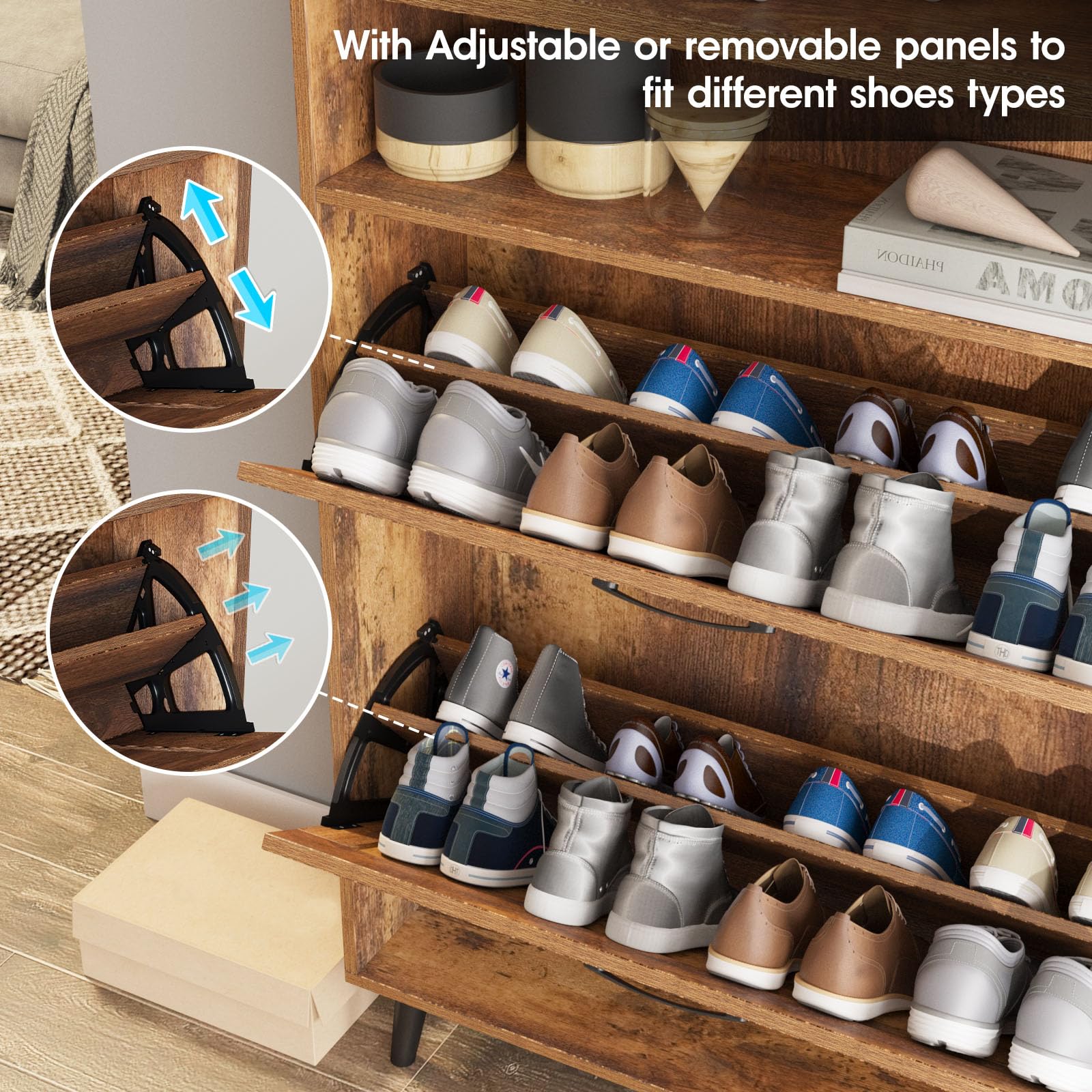 2-Tier Flip-Drawer Shoe Storage Cabinet - Freestanding Entryway Organizer with Open Shelves & Farmhouse Legs, Narrow Shoe Rack for Hallway, Closet & Mudroom Organization (Brown)