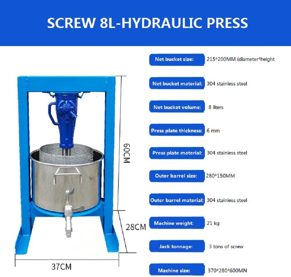 2.1 Gallon (8L) Hydraulic Fruit Press - 2 Ton Stainless Steel Apple Grape Wine Cider Juice Press for Home Brewing & Winemaking