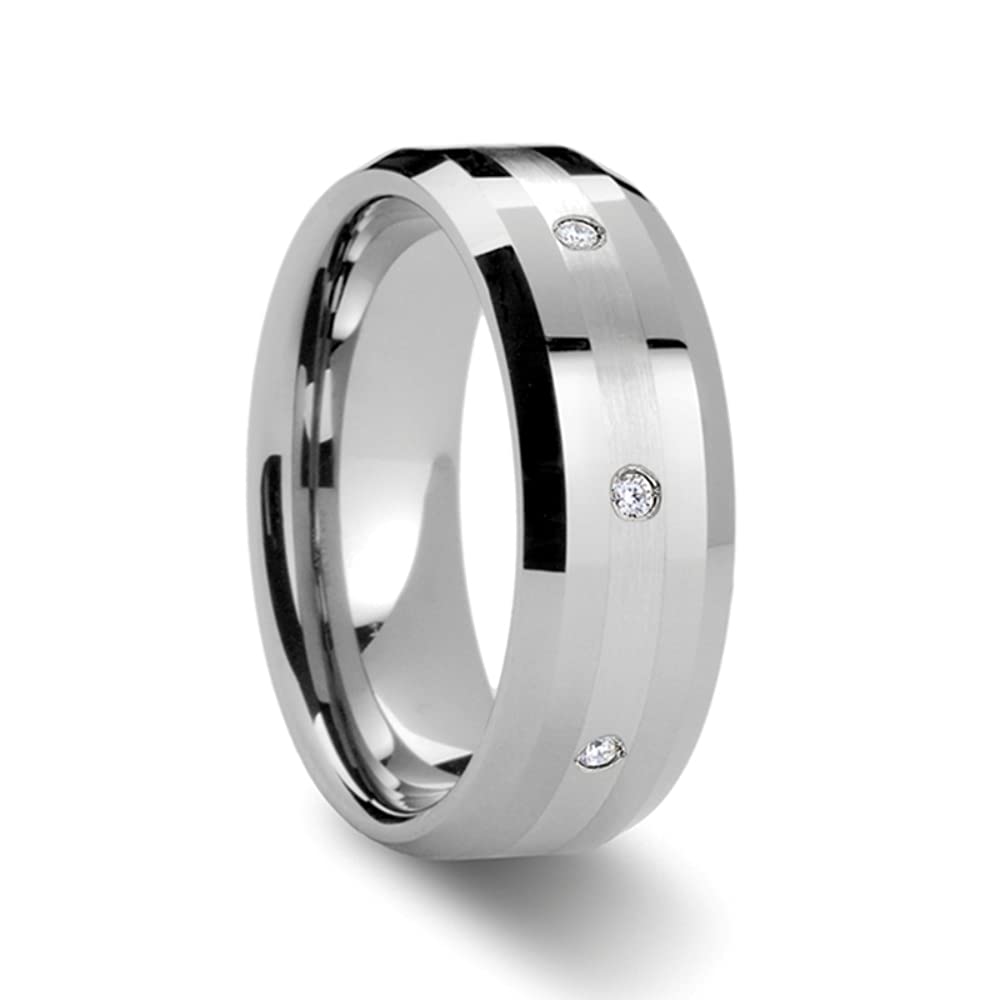 Men's Tungsten Wedding Band - Comfort Fit Beveled Edge 0.32 Carat TW Diamond Ring with Platinum Inlay - 8mm Wide Newport Style - Perfect for Weddings, Anniversaries & Special Occasions
