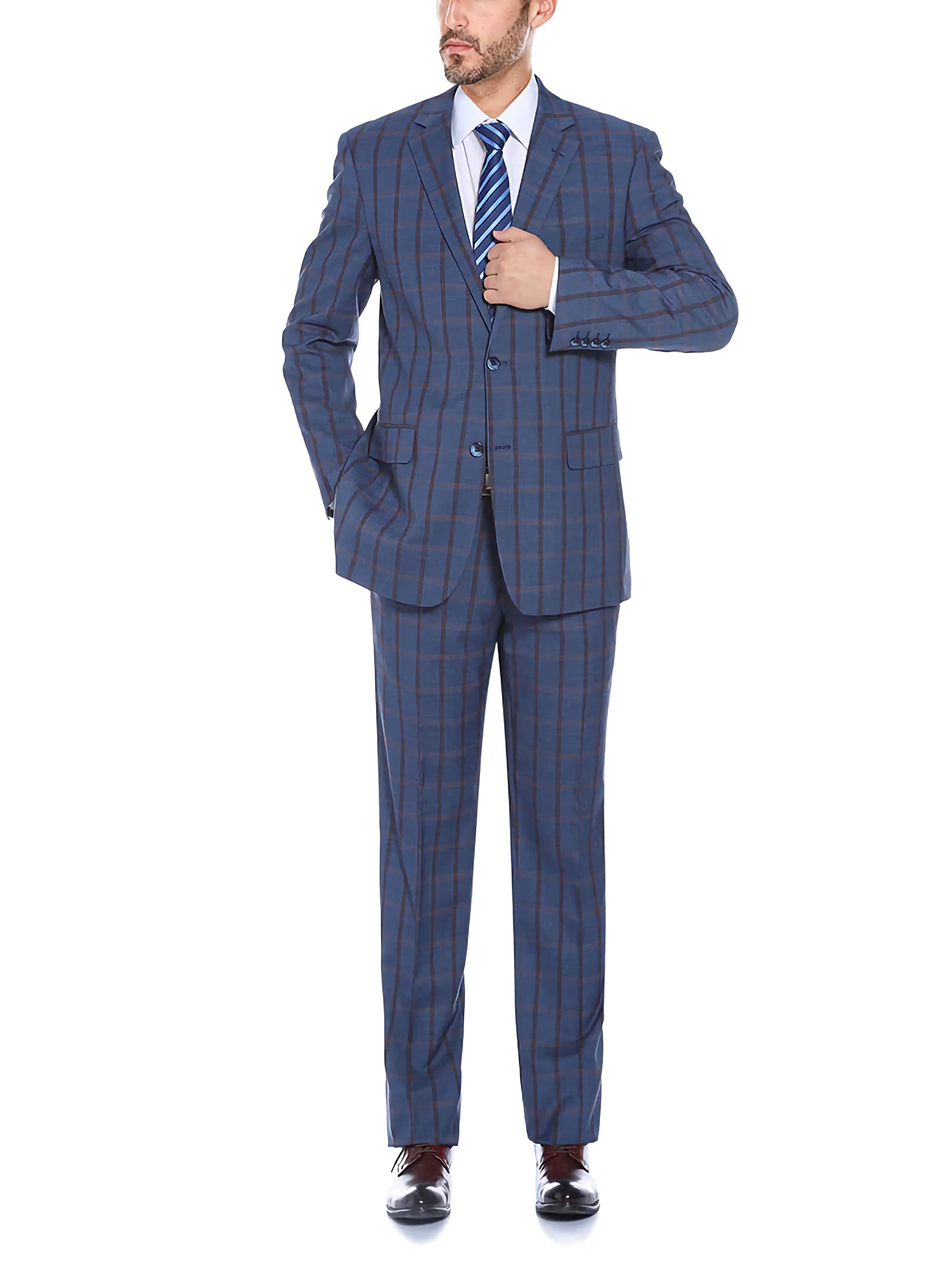 Men's Blue Glen Plaid Stretch Suit 2-Piece Set - Regular Fit Business Attire for Office, Wedding & Formal Events