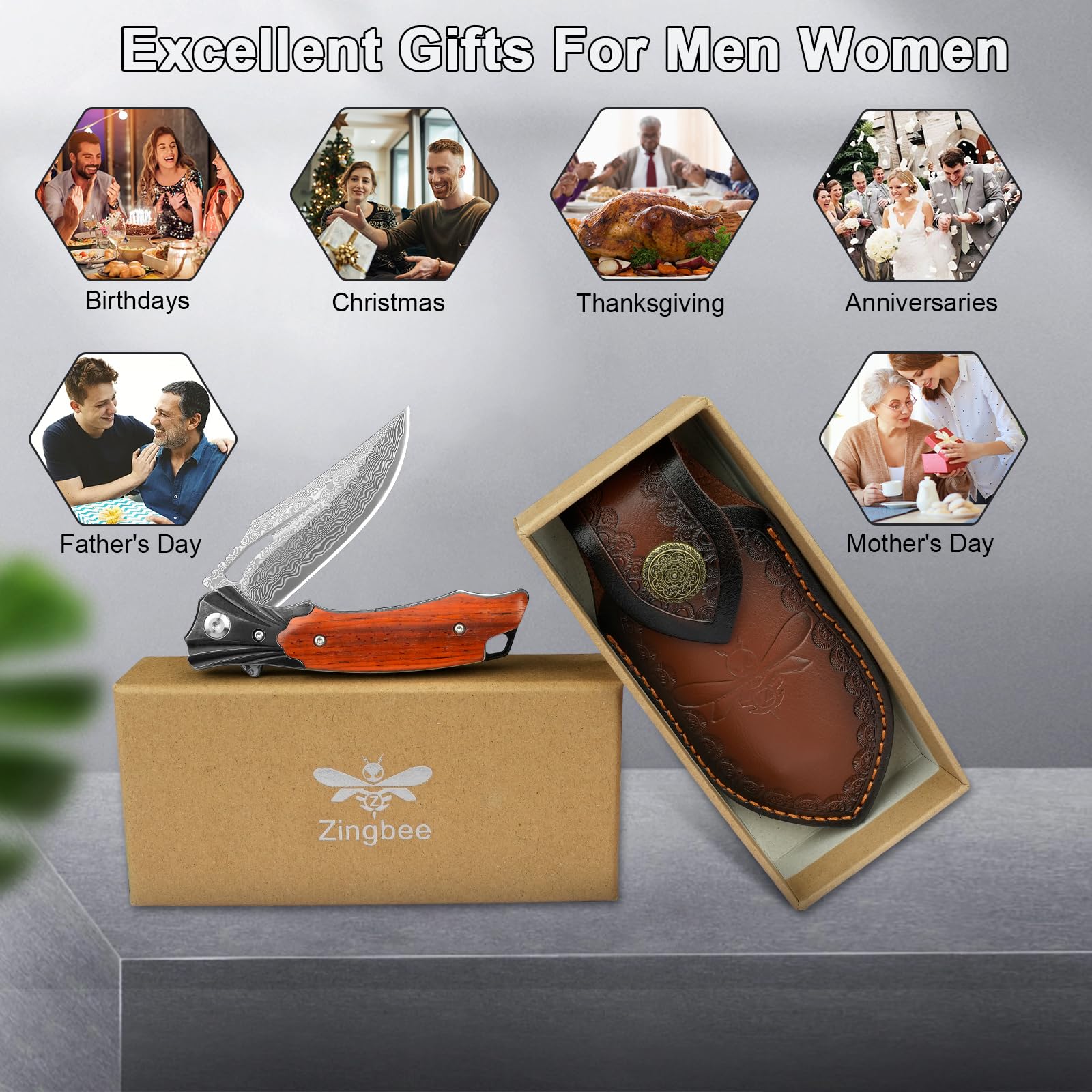 Premium Damascus Steel Folding Pocket Knife with Wood Handle & Sheath - 3.15