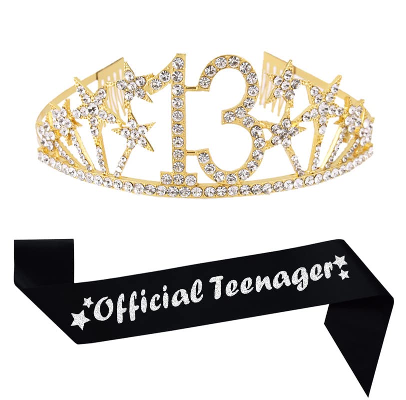 Mayin Happy 13th Birthday Tiara & Sash Set - Crystal Rhinestone Princess Crown with Gold/Silver Lettering & Black Sash - Perfect for Birthday Girl Party Favors, Quinceañera, Sweet 16 & Special Occasions