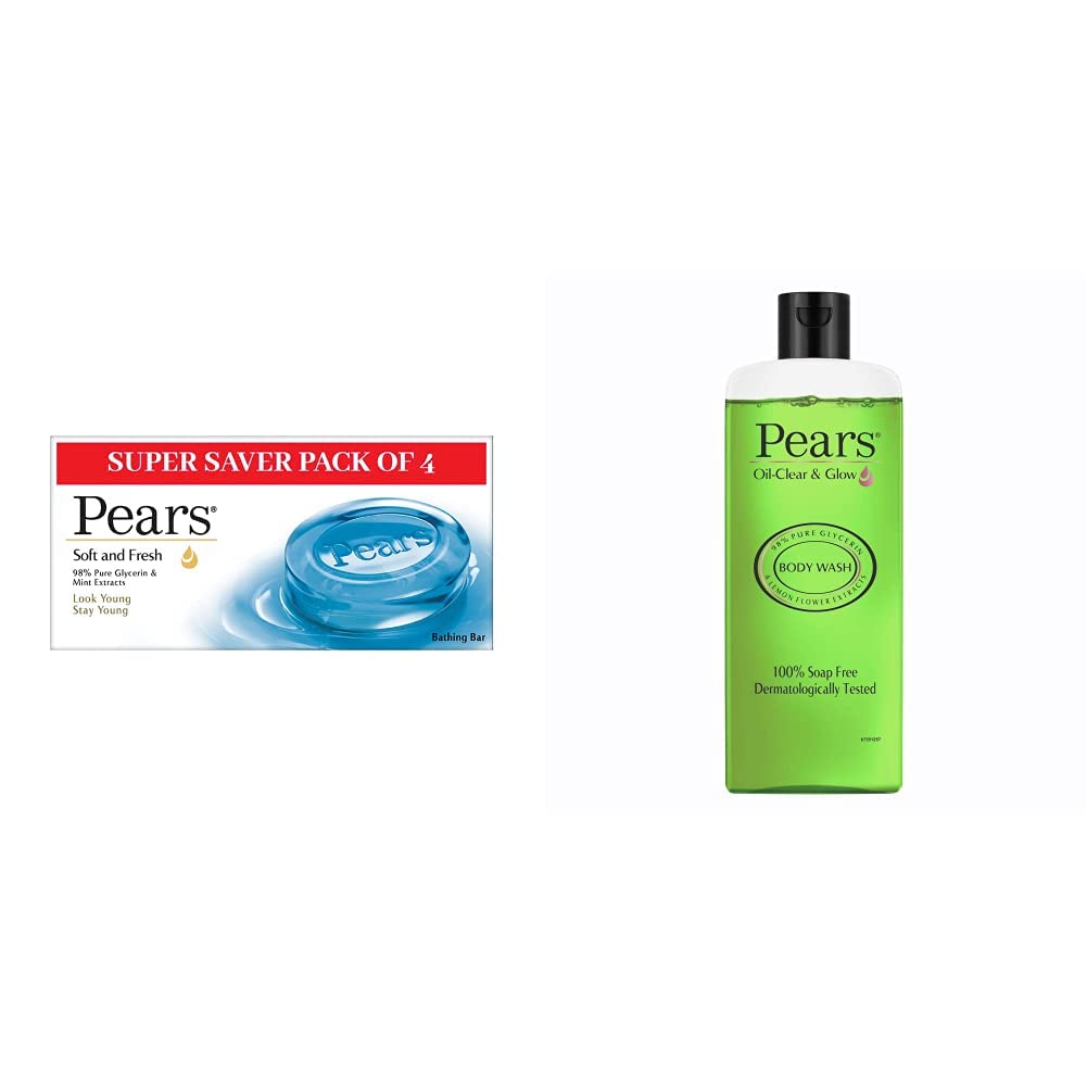 Pears Soft and Fresh Bathing Bar Soap, 125g (Buy 3 Get 1 Free) & Pears Oil Clear and Glow Shower Gel, 250ml - Moisturizing Body Wash for Dry Skin, Perfect for Daily Shower and Bath Routine