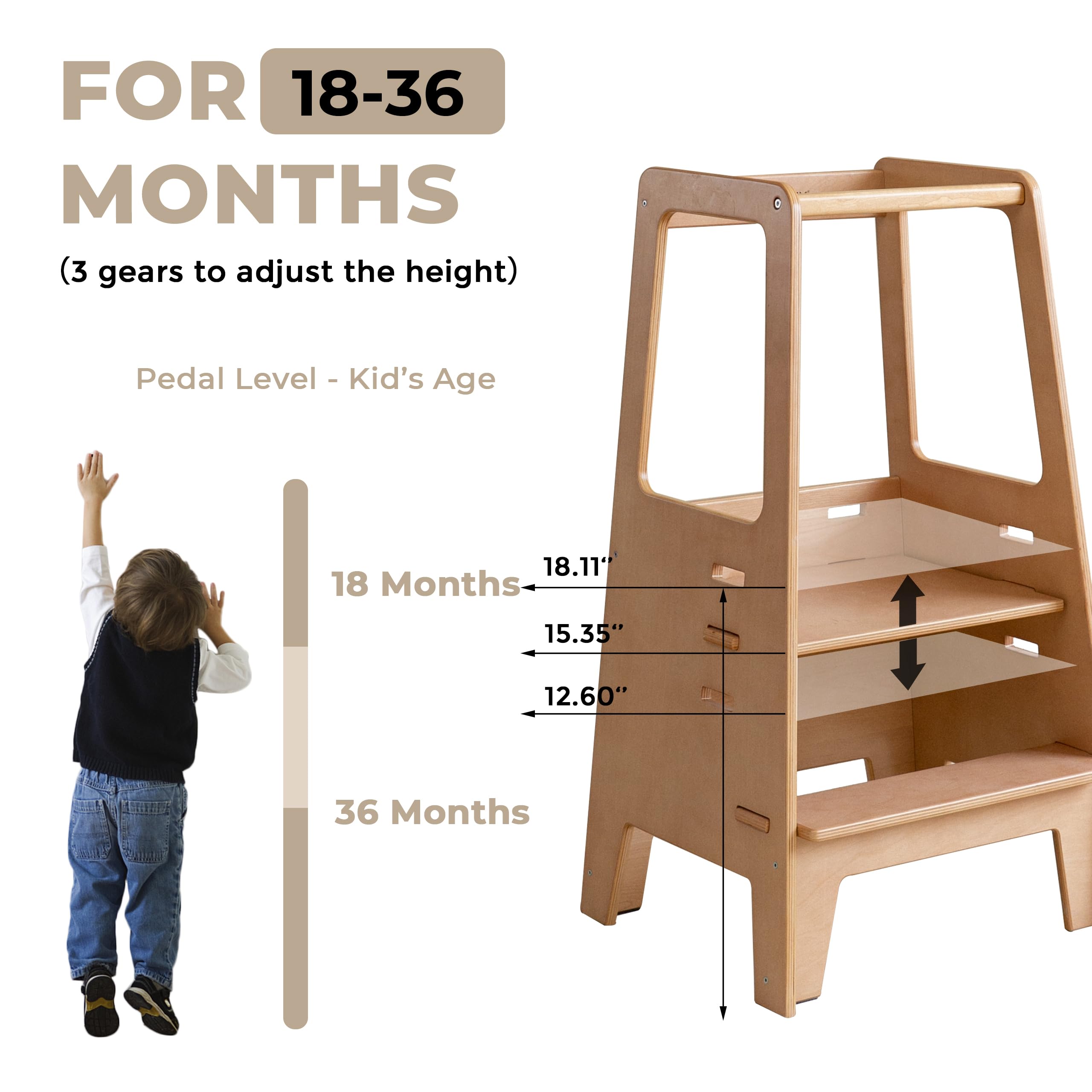 Best Adjustable Wooden Toddler Tower Stool for Kitchen - 2023 Contemporary Good Design Winner - Montessori Learning Step Stool for Kids - Perfect for Baking, Cooking & Countertop Activities
