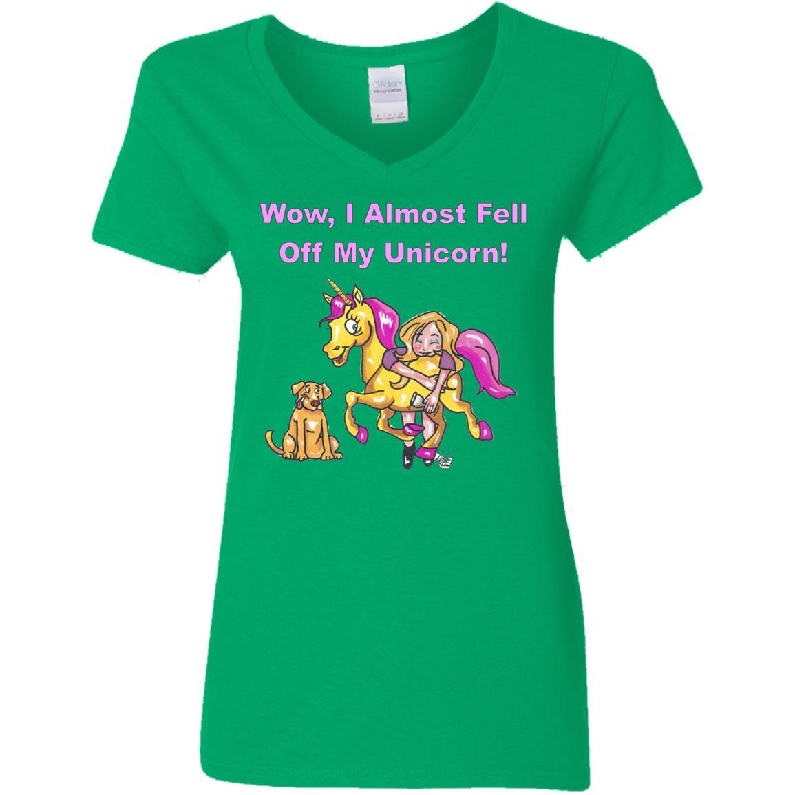 Wow I Almost Fell Off My Unicorn Women's V-Neck T-Shirt | Funny Sarcastic Graphic Tee | Perfect for Birthday Gifts & Girls Night Out