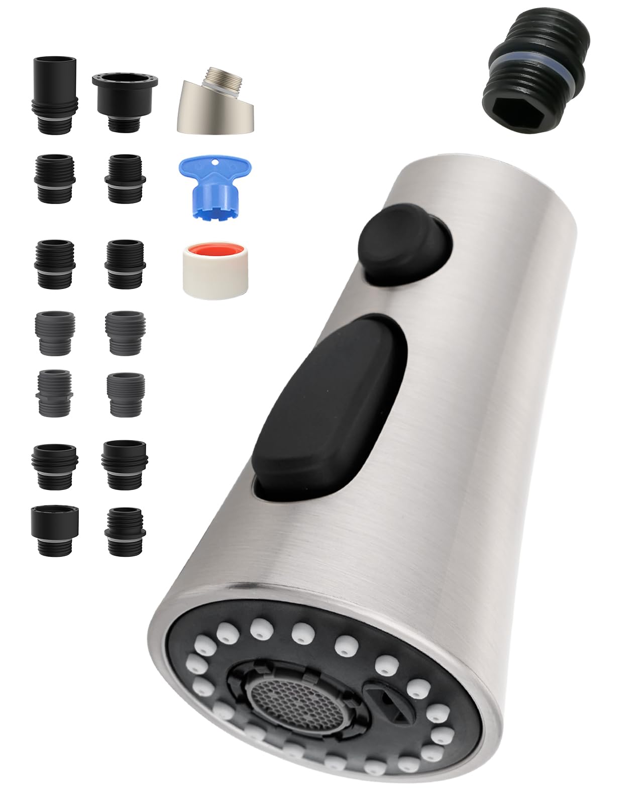 Universal Kitchen Faucet Head Replacement with 15 Adapters - Compatible with Moen, Pfister, Peerless & Kohler Curve Faucets - 3 Function Pull Down Sprayer Head in Brushed Nickel - Perfect for Kitchen Sink Upgrades and DIY Home Improvement Projects