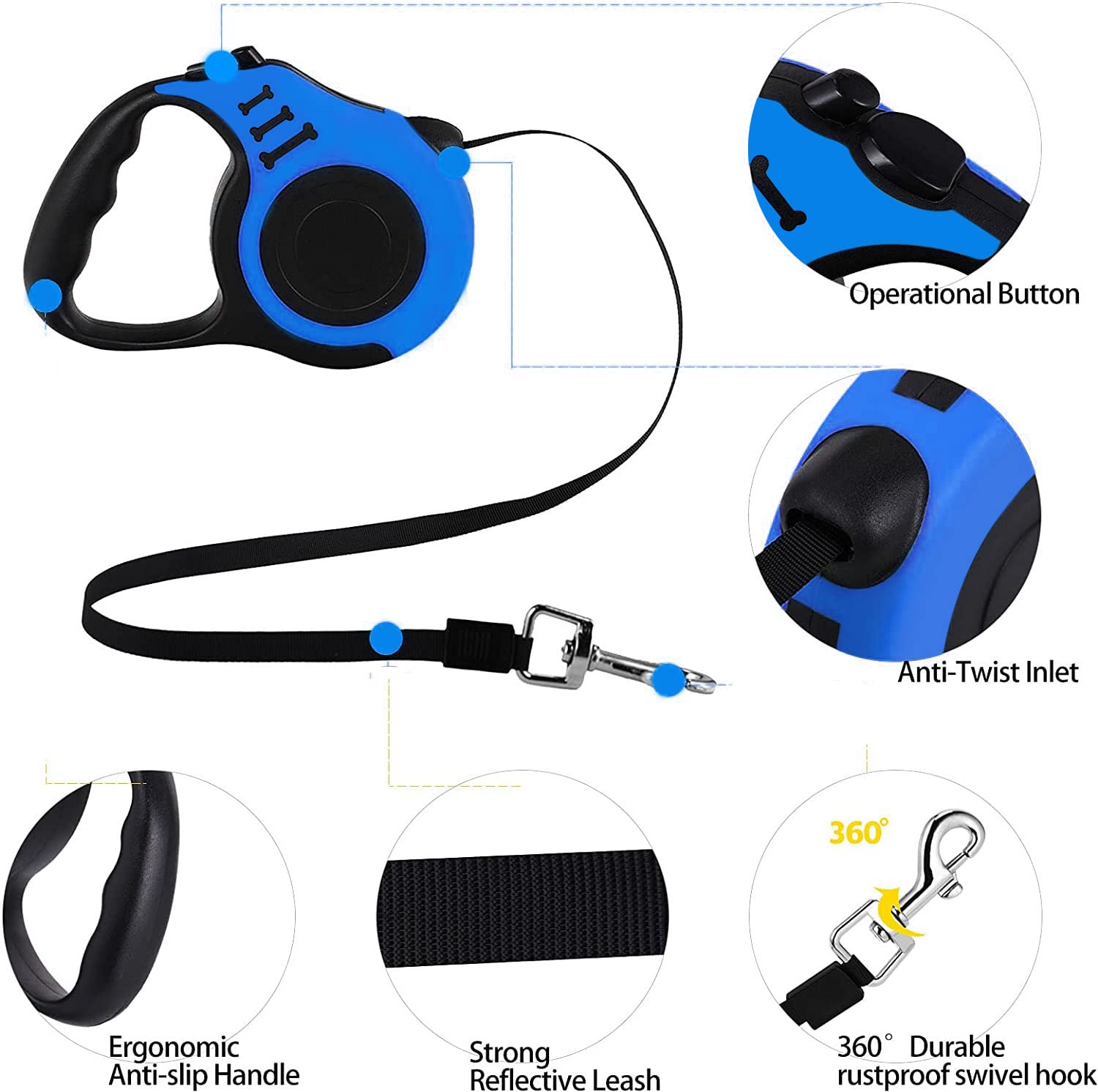 Retractable Dog Leash - Heavy Duty 16FT Nylon Tape for Small Dogs & Cats up to 26 lbs - 360° Tangle-Free Design with Anti-Slip Handle & Waste Bag Dispenser (Blue) - Perfect for Walking, Training & Outdoor Adventures