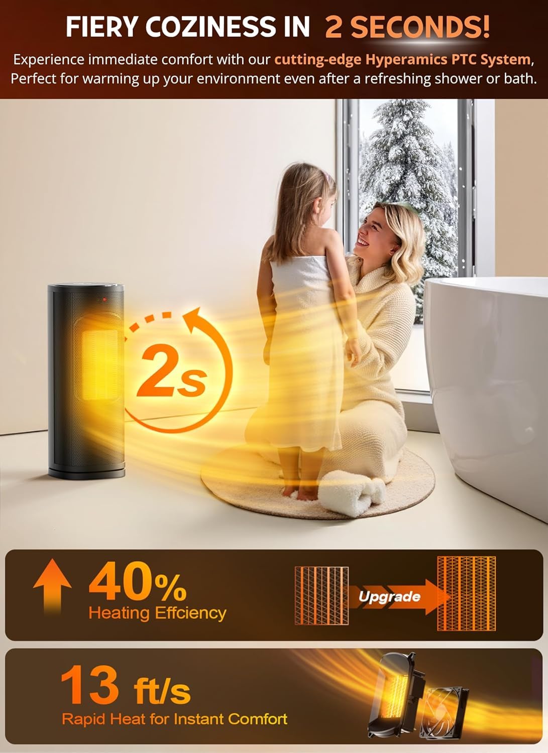 Portable Space Heater 1500W with Adjustable Thermostat & Remote Control - 70° Oscillation, 4 Heating Modes, 1-12H Timer - PTC Ceramic Electric Heater for Office, Bedroom, Large Room - Perfect for Winter Home & Office Warming