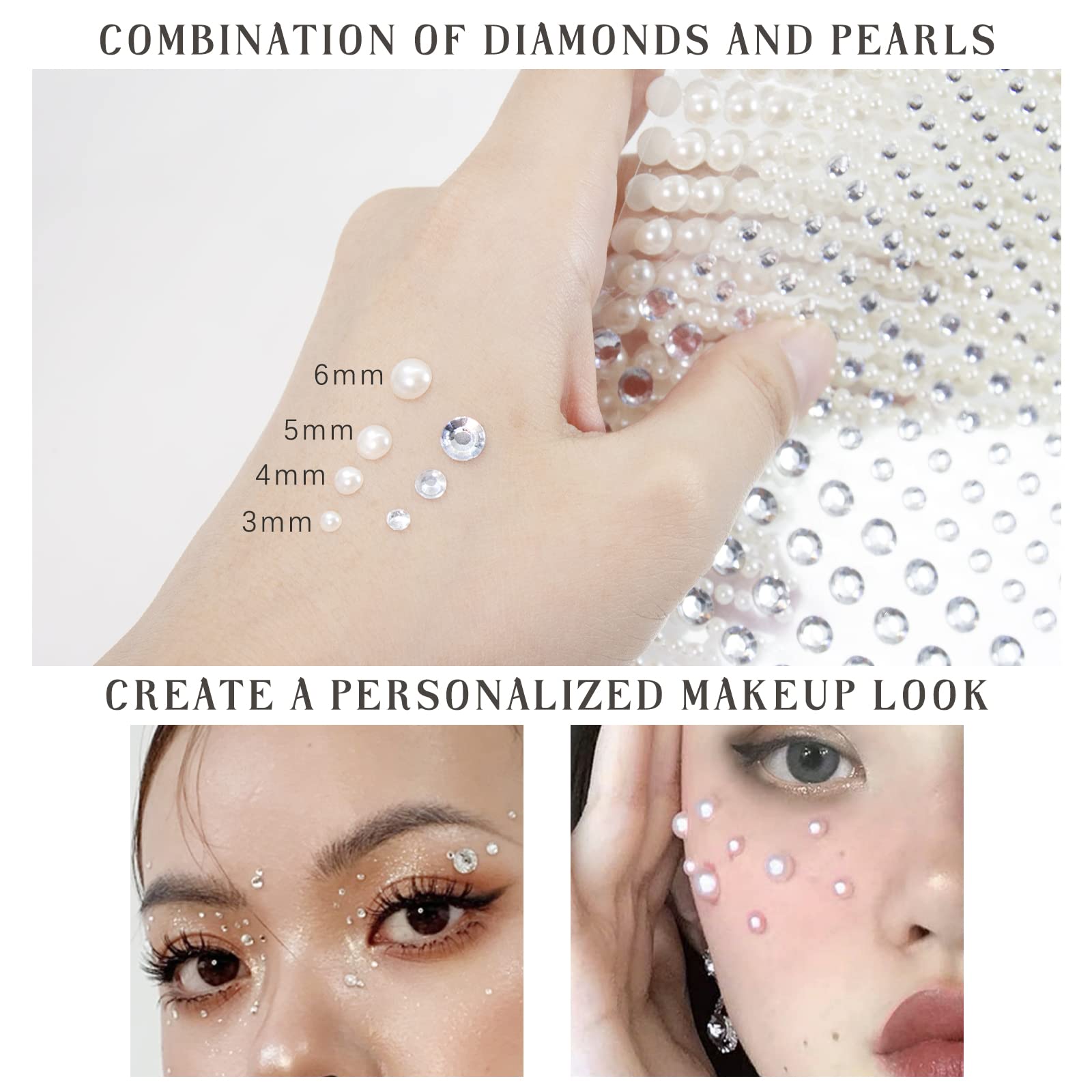 5 Sheets White Pearl 3D Self-Adhesive Rhinestone Stickers - 3mm/4mm/5mm/6mm Temporary Tattoo Gems for Nails, Face, Eyes & Body - Perfect for DIY Nail Art, Costume Makeup, Festival Outfits & Body Jewelry