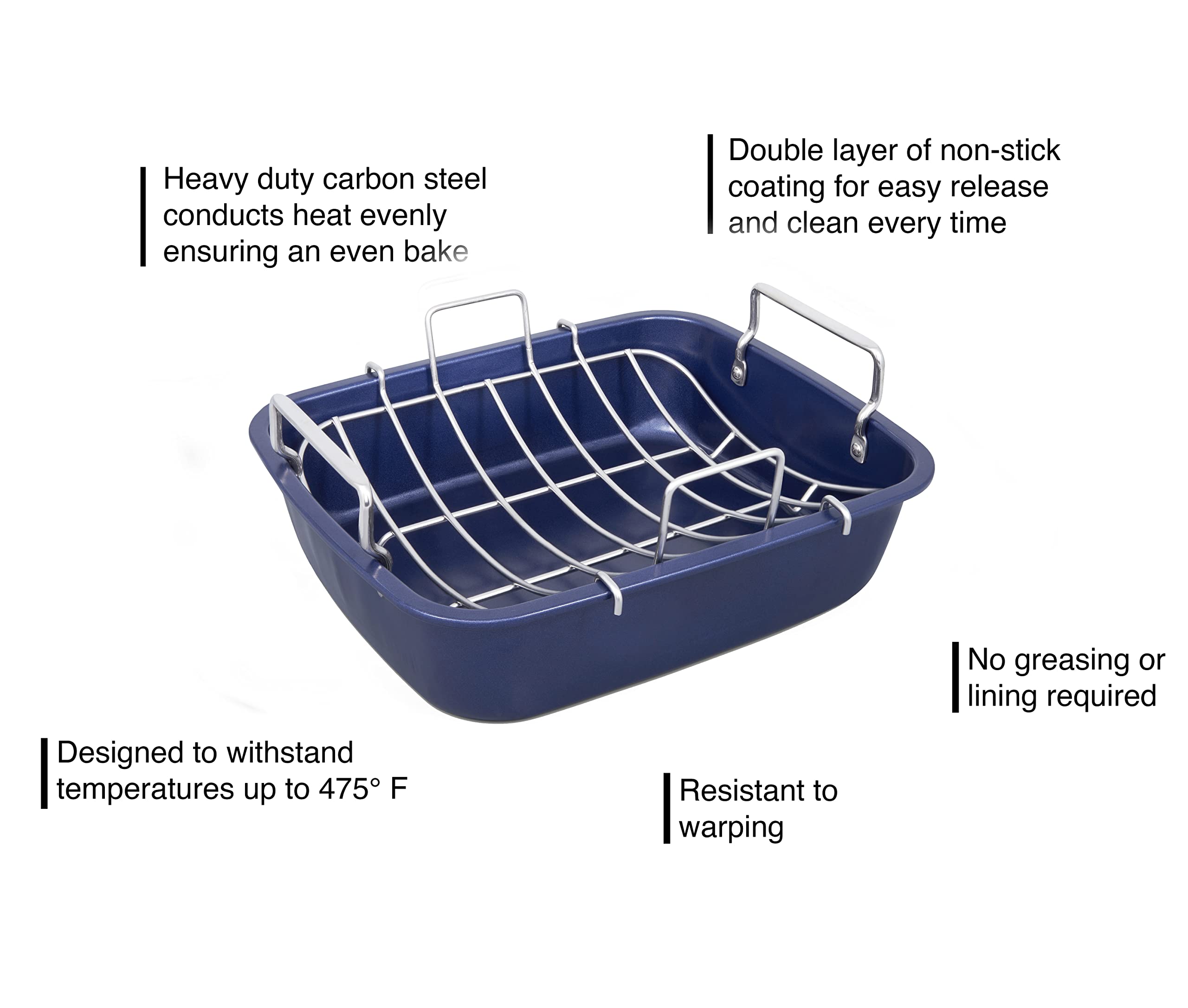Zyliss Non-Stick Roasting Pan with Rack - Carbon Steel Oven Bakeware Tray, Dishwasher Safe Dark Blue Roast Tin - Perfect for Thanksgiving Turkey, Christmas Ham & Family Roast Dinners