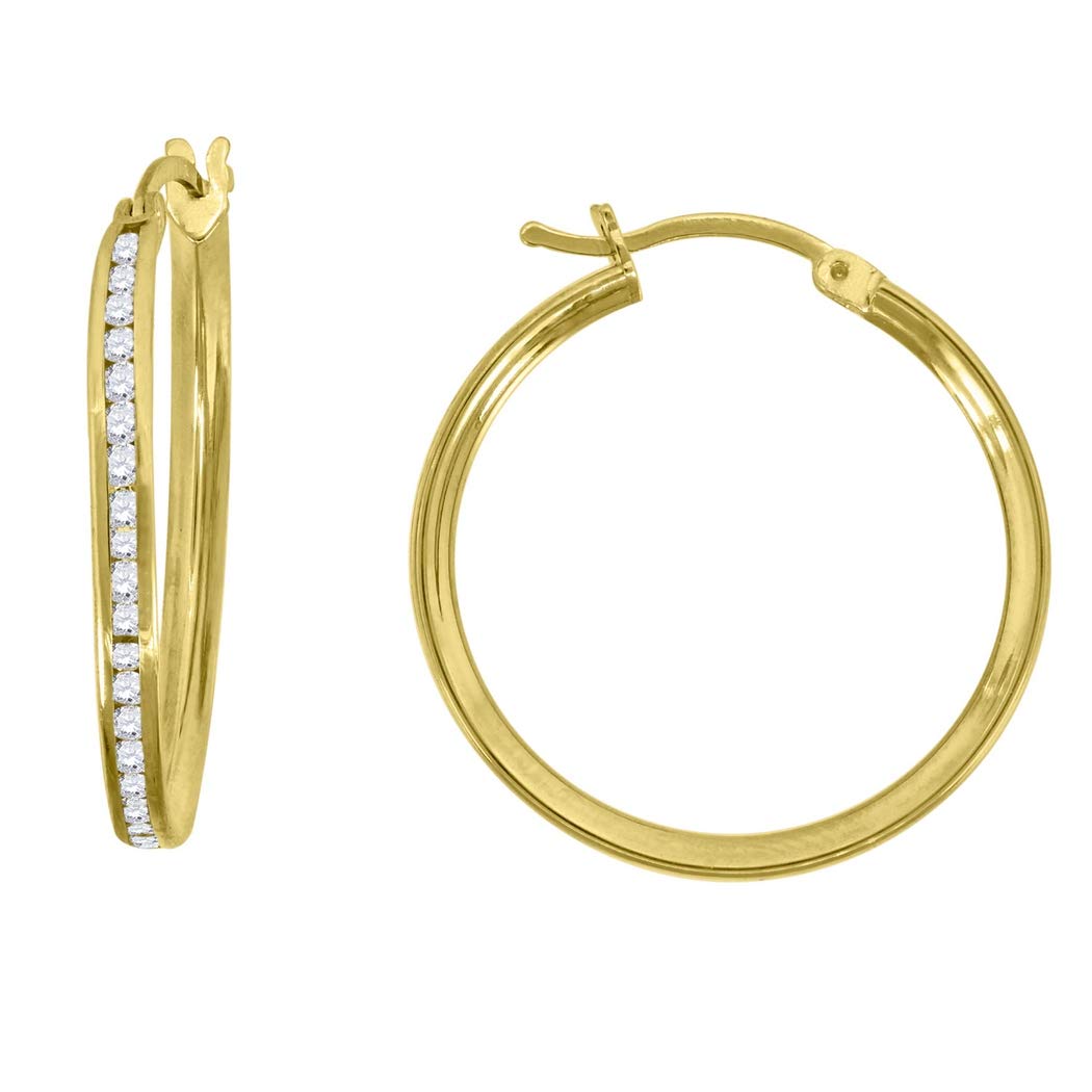 10K Gold CZ Cubic Zirconia Simulated Diamond Hoop Earrings for Women - 2mm Thin Single Row Hinged Huggie Earrings (28mm) - Perfect for Everyday Wear, Work & Special Occasions