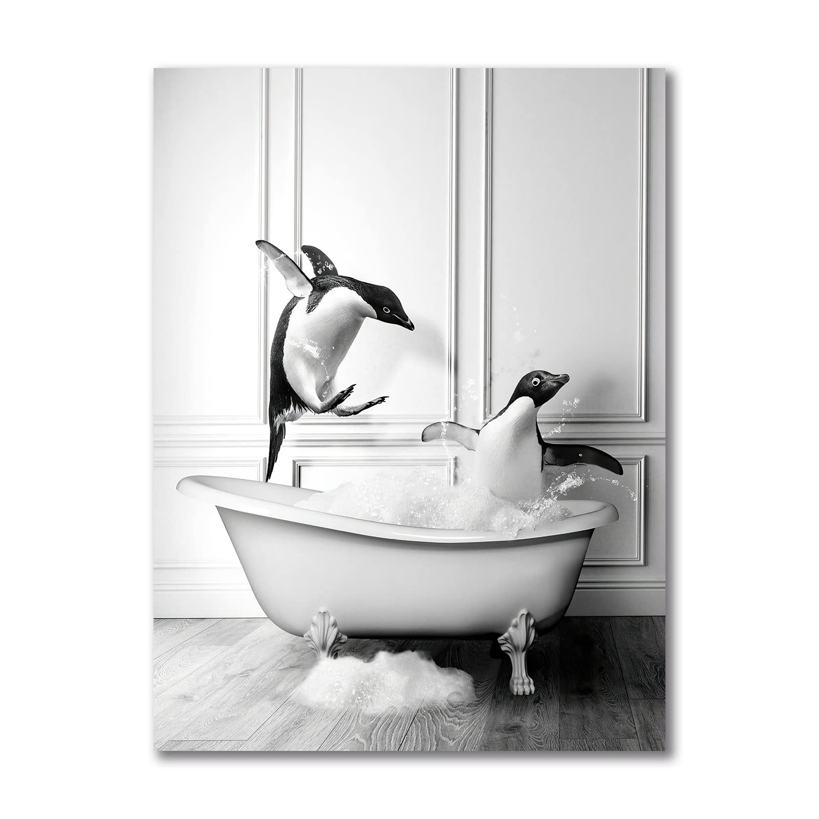Funny Penguin Bathroom Wall Art - Cute Animal in Tub Decor for Home (18x24in)