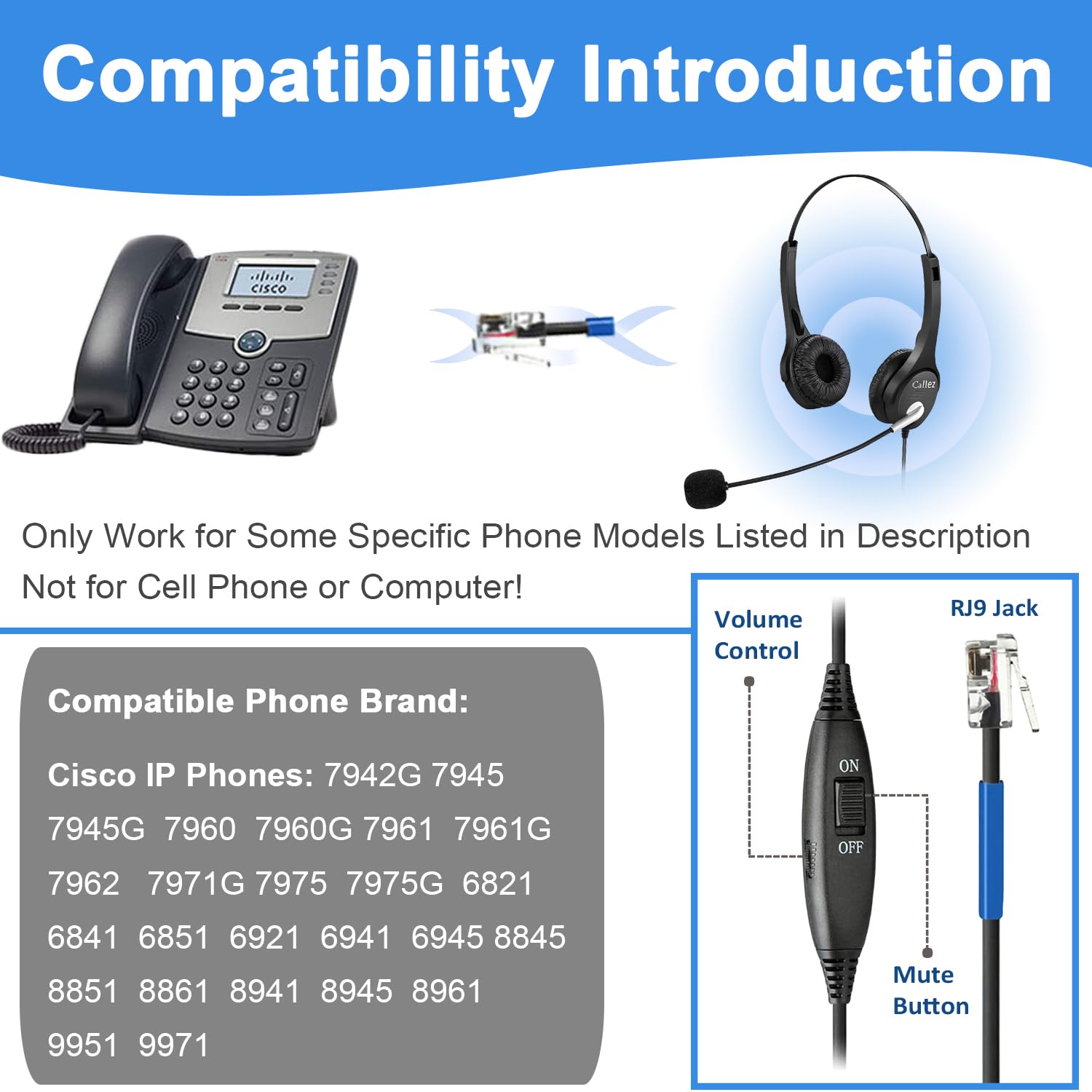 Noise Cancelling Telephone Headset with Mute Switch - Dual-Ear RJ9 Headset Compatible with Cisco Phones 6851/6945/7841/7861/7942/7945/7961/7962/7965/8811/8841/8845/8851/8861 - Perfect for Call Centers, Office Communication & Remote Work