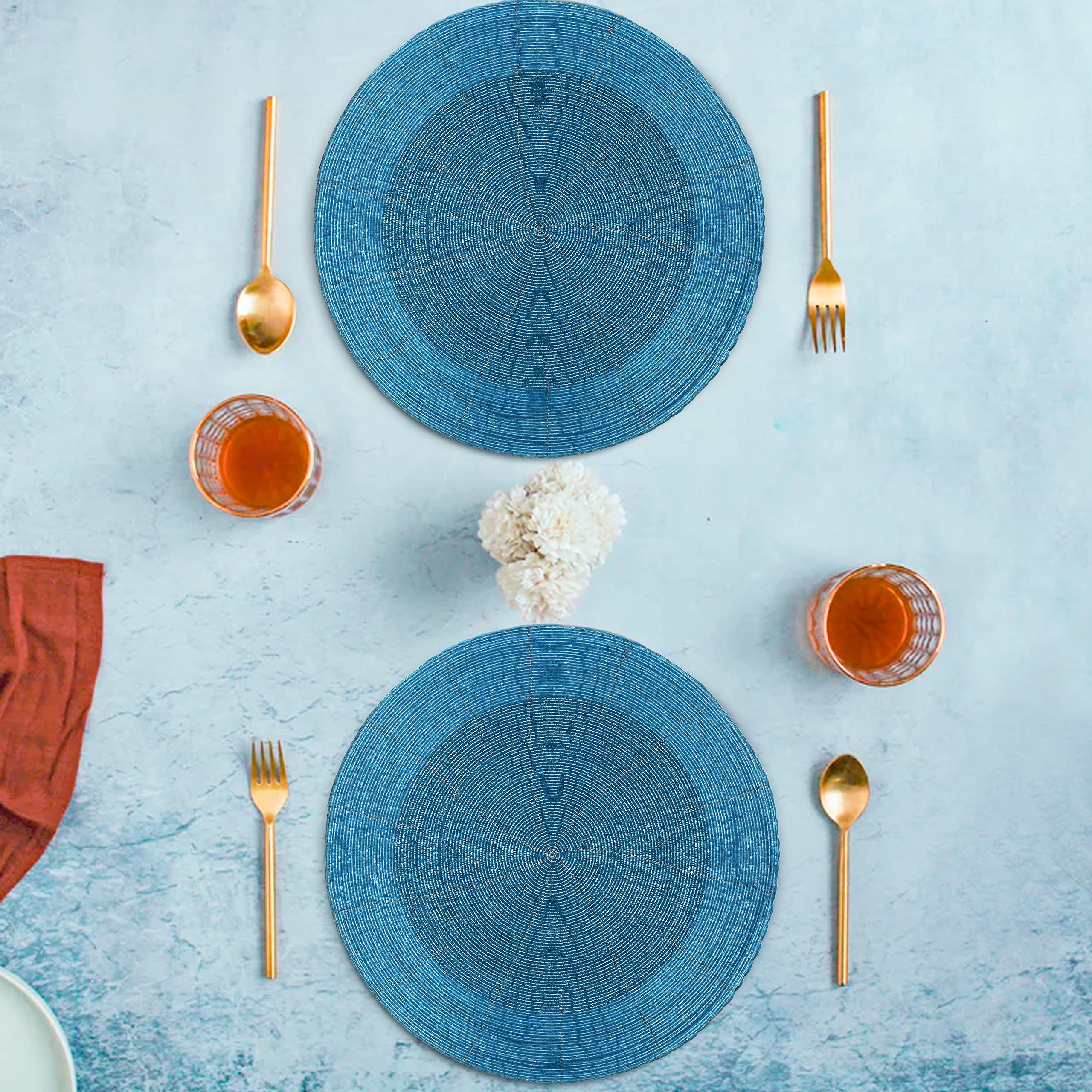Beaded Placemats Set of 4 - 13 Inch Round Teal Table Mats for Easter & Thanksgiving Decor - Elegant Dining Table Decoration for Holiday Gatherings & Dinner Parties