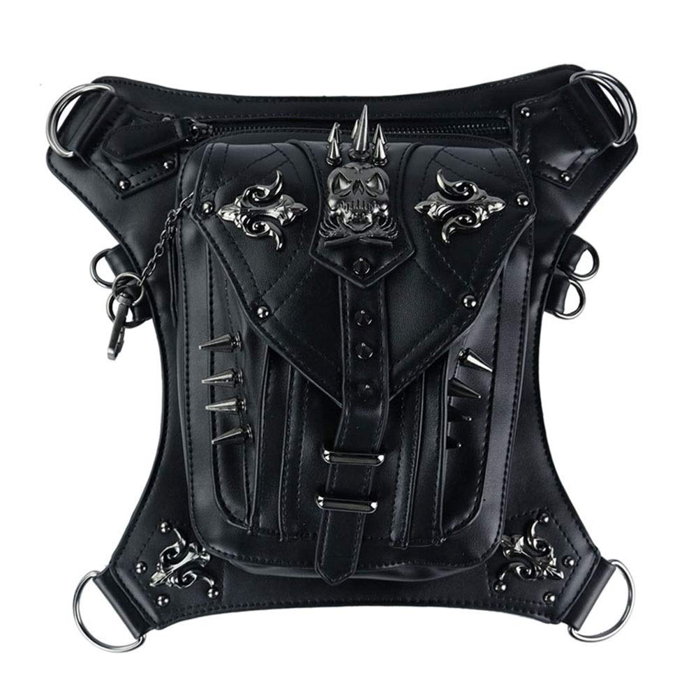 XCJ Steampunk Gothic Leather Waist Bag - Vintage Punk Messenger Shoulder Fanny Pack for Men & Women - Perfect for Concerts, Festivals, and Cosplay - Black Rock Style Handbag with Coin Purse