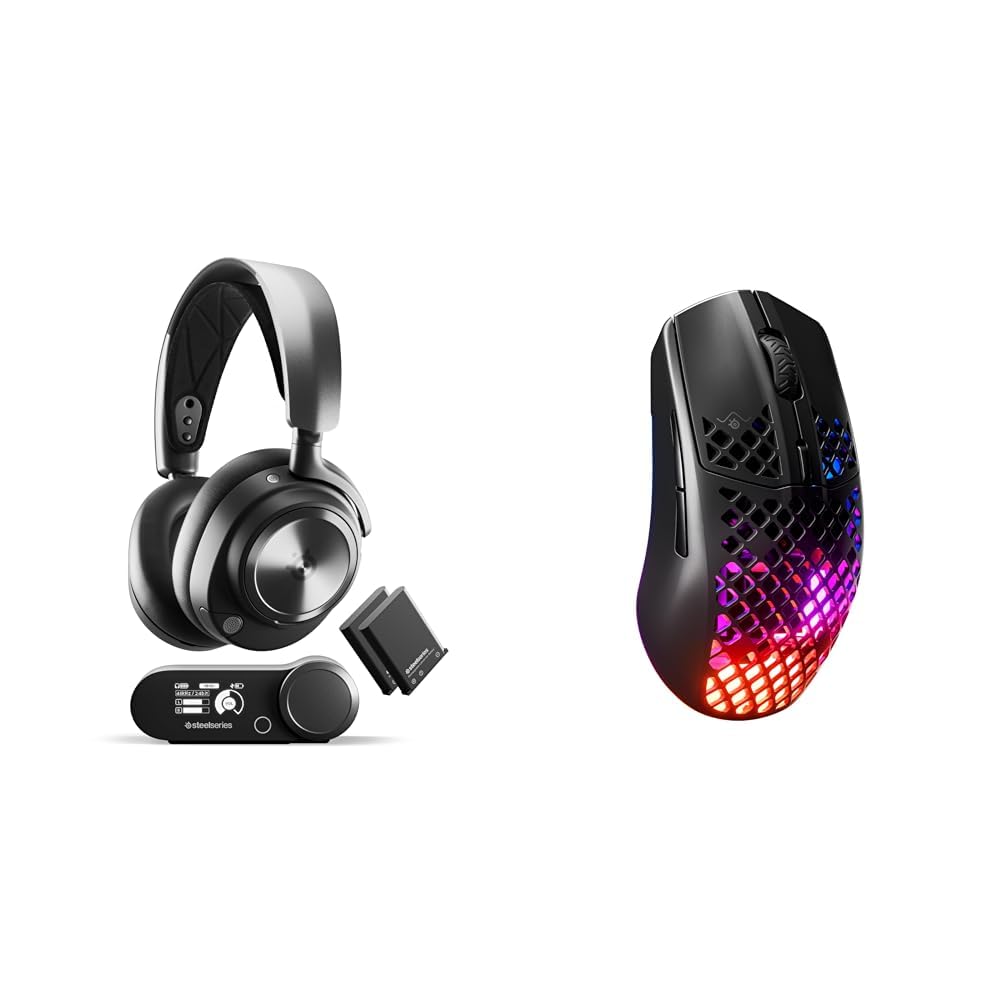SteelSeries Arctis Nova Pro Wireless Gaming Headset & Aerox 3 Wireless RGB Gaming Mouse - Lightweight Design with Surface Holes for PC, PS5, Xbox - Perfect for Competitive Gaming & Streaming