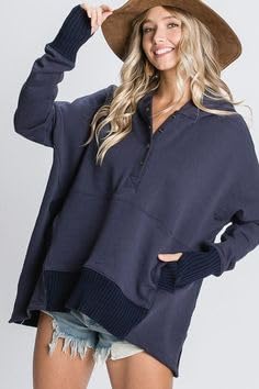 AlvaQ Women's Casual Button-Down V-Neck Hoodie - Oversized Pullover Sweatshirt with Pockets | Cozy Loungewear & Streetwear Fashion for Everyday Wear