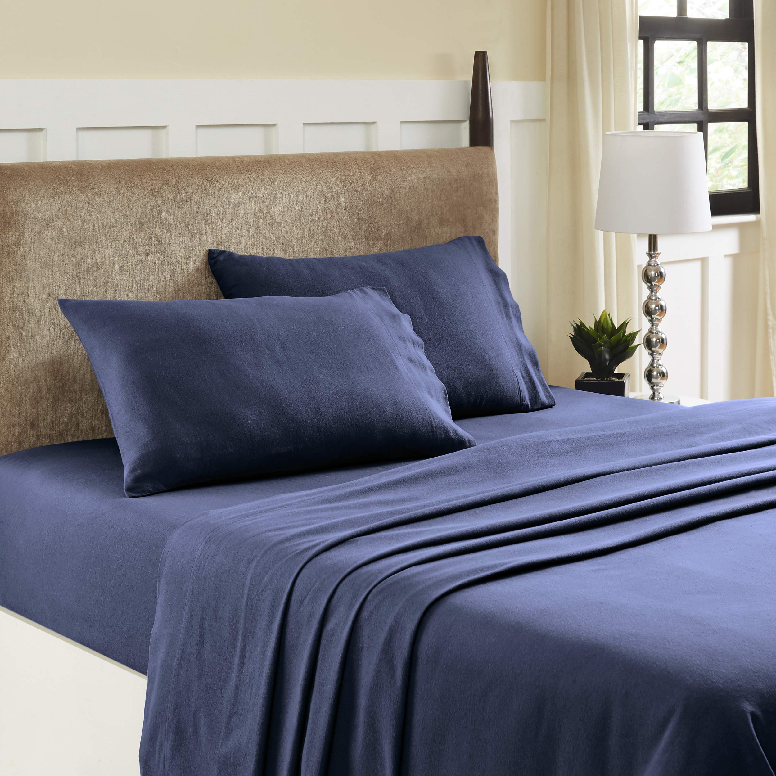 Premium 100% Cotton Flannel Sheet Set with King Pillowcases - Ultra Soft & Cozy Navy Blue Bedding for Winter Warmth - Perfect for Cold Nights, Guest Rooms & Cozy Cabin Retreats