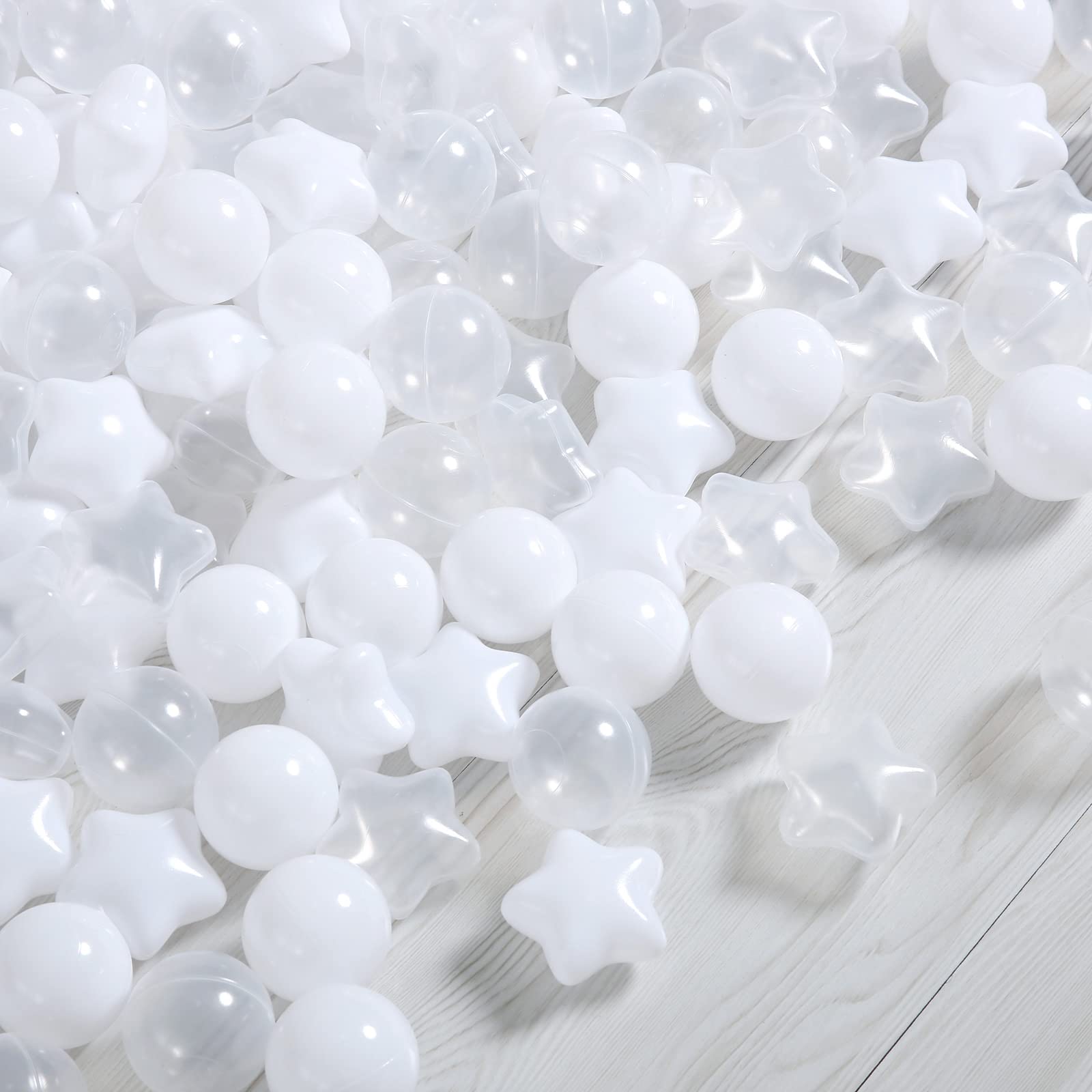 100-Piece Star Ball Pit Balls - Safe Plastic Play Balls for Kids & Toddlers - Perfect for Ball Pits, Play Tents, Kiddie Pools & Party Decorations (White & Clear) - Indoor & Outdoor Fun for Birthday Parties, Daycare Centers & Backyard Playtime