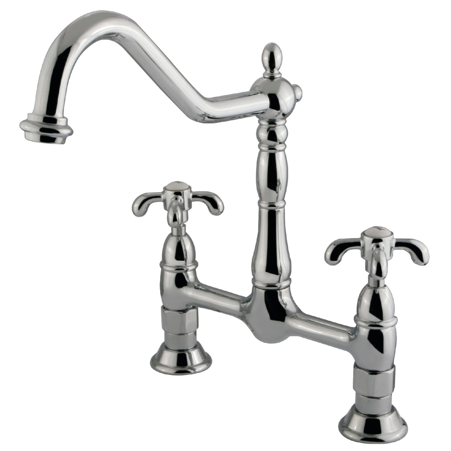French Country Two-Handle Deck Mount Kitchen Faucet with Bridge Design - Perfect for Farmhouse, Cottage & Vintage Style Kitchens
