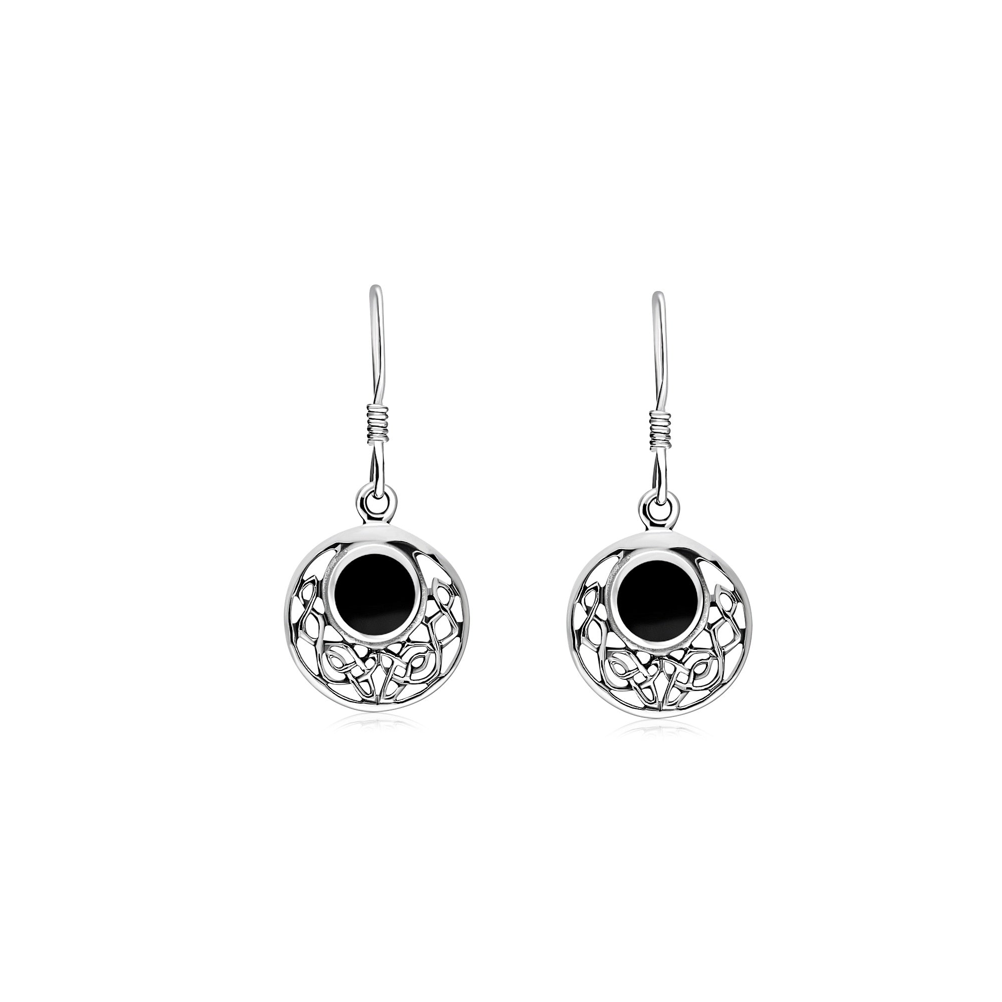 Sterling Silver Whitby Jet Celtic Disc Drop Earrings for Women - Handmade Vintage Dangle Earrings - Perfect for Weddings, Parties & Gifts