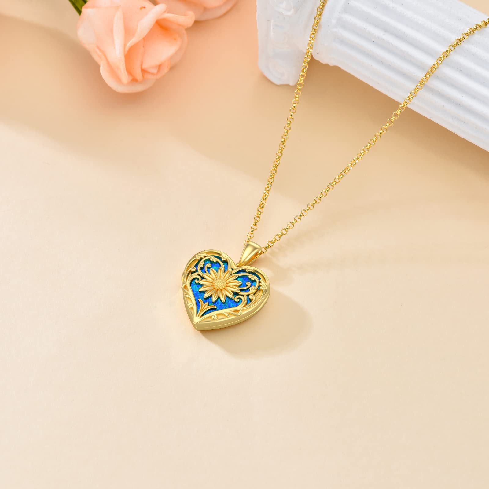 SOULMEET Personalized Heart Locket Necklace - Sunflower Design with Opal, Abalone, Pearl Shell & Malachite - Holds Photos - Silver & Gold Jewelry Gift for Women - Perfect for Anniversaries, Birthdays & Mother's Day Gifts