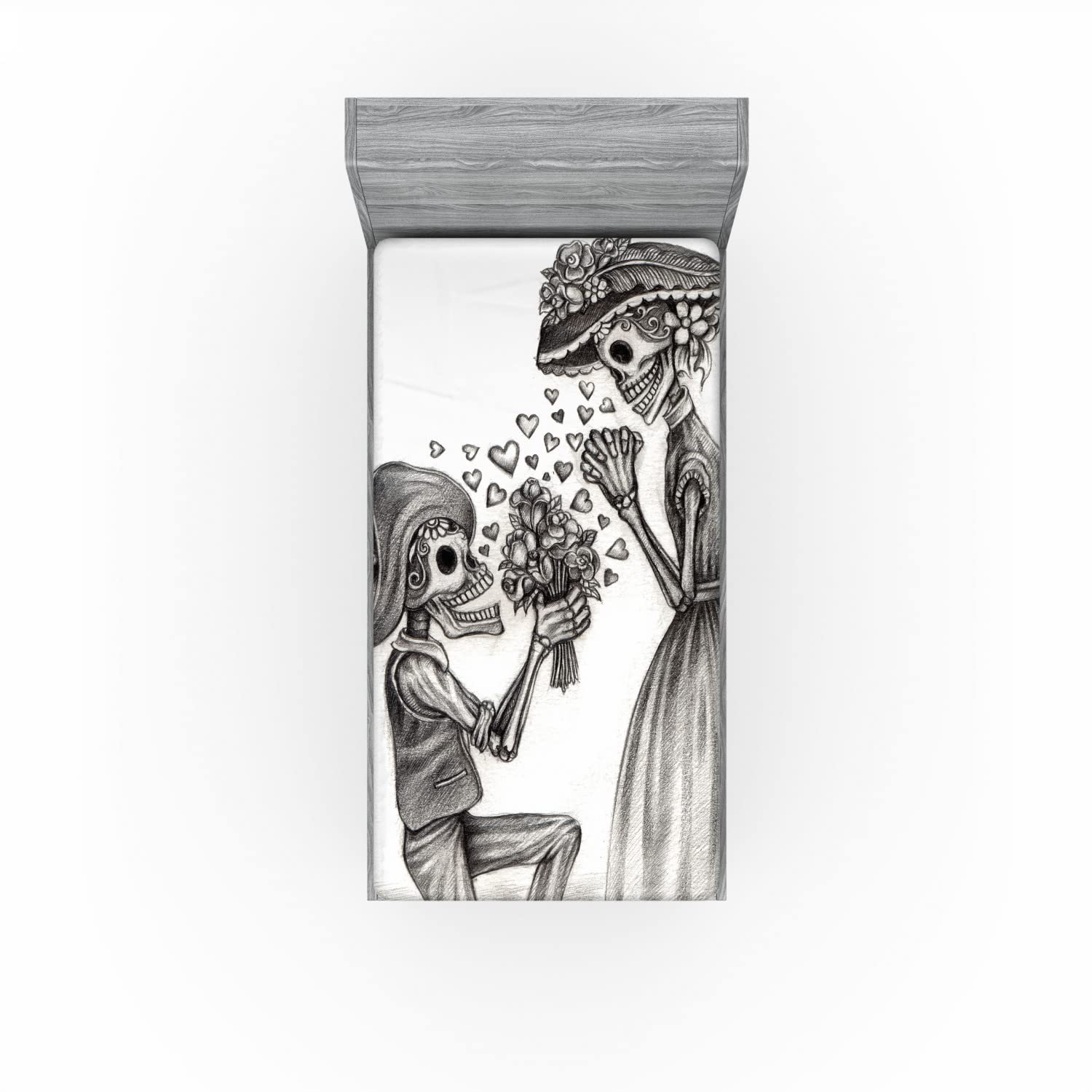 Ambesonne Day of The Dead Fitted Sheet - 'Till Death Do Us Part' Wedding Proposal Design, Deep Pocket Elastic Twin XL Bed Sheet Set in Dimgrey & White - Perfect for Halloween, Día de los Muertos Decor & Gothic Bedroom Themes