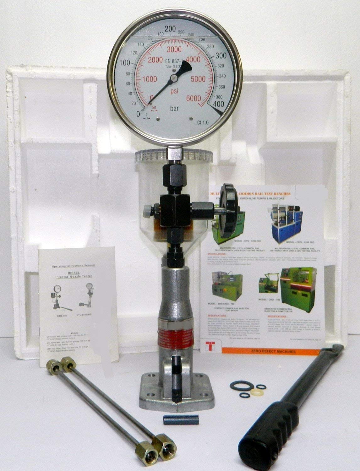 Diesel Injector Nozzle Pop Tester - 0-400 BAR / 0-6000 PSI Dual Scale Pressure Gauge for Fuel Injection System Testing | Ideal for Automotive Repair Shops & Diesel Engine Maintenance