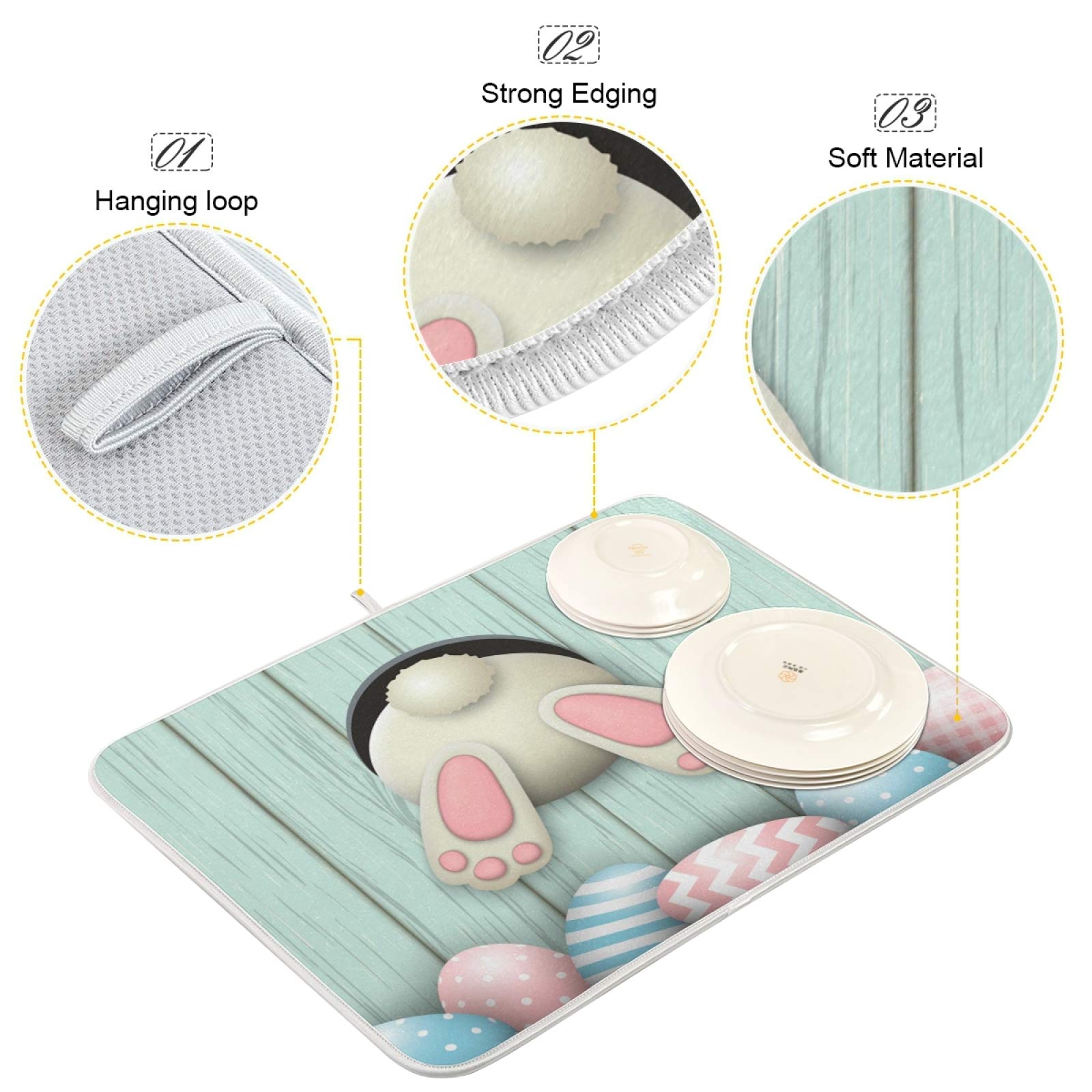 SUABO 16x18 Inch Easter Eggs Dish Drying Mat - Absorbent Microfiber Kitchen Mat for Dishes, Cups & Utensils | Reversible & Quick-Drying | Perfect for Easter Decor, Kitchen Counter & Sink Area