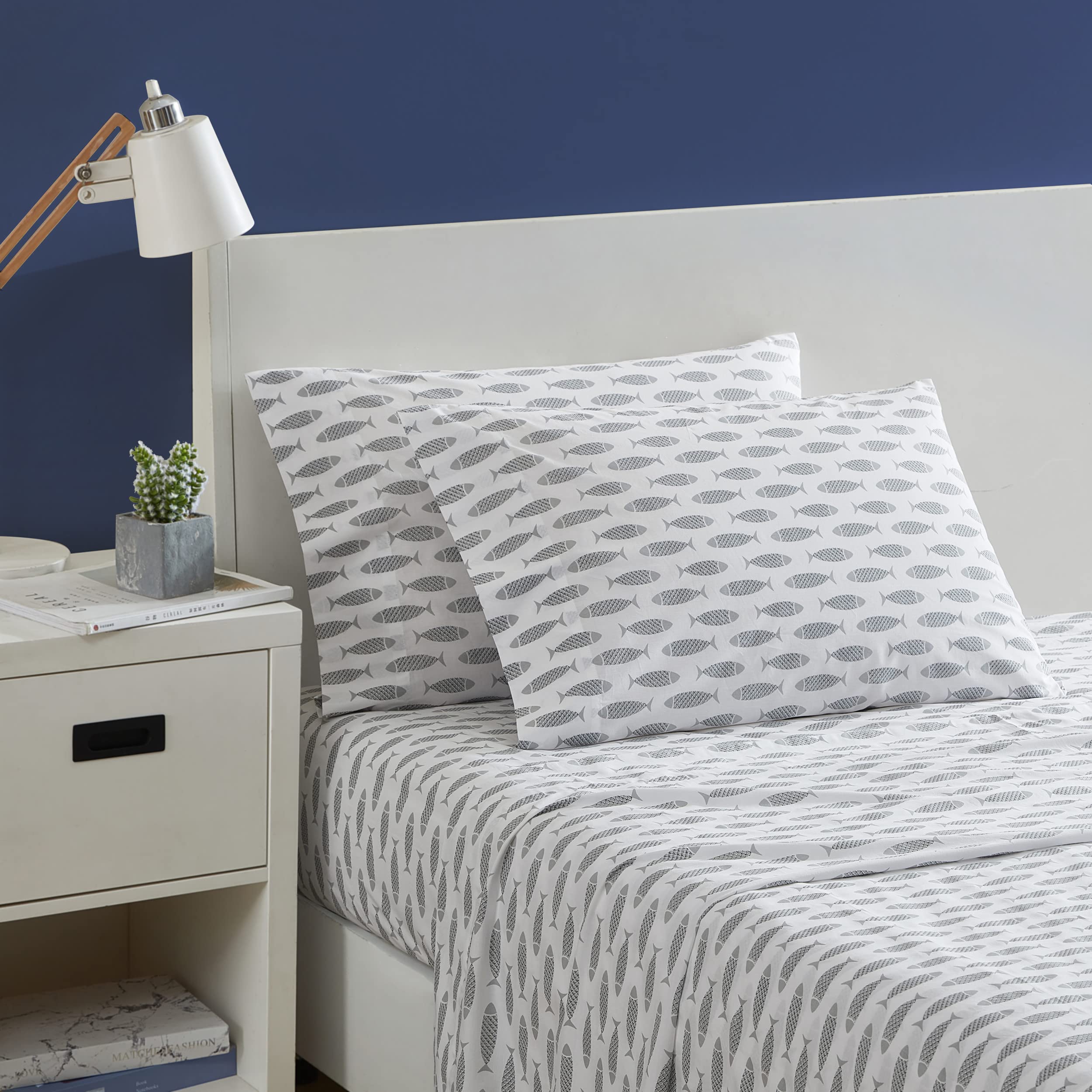Nautica Twin Sheets - 100% Cotton Percale Bedding Set, Coastal Style Woodblock Fish Grey Design for Twin Beds | Soft & Breathable for Comfortable Sleep | Perfect for Beach House, Guest Room or Kids' Bedroom
